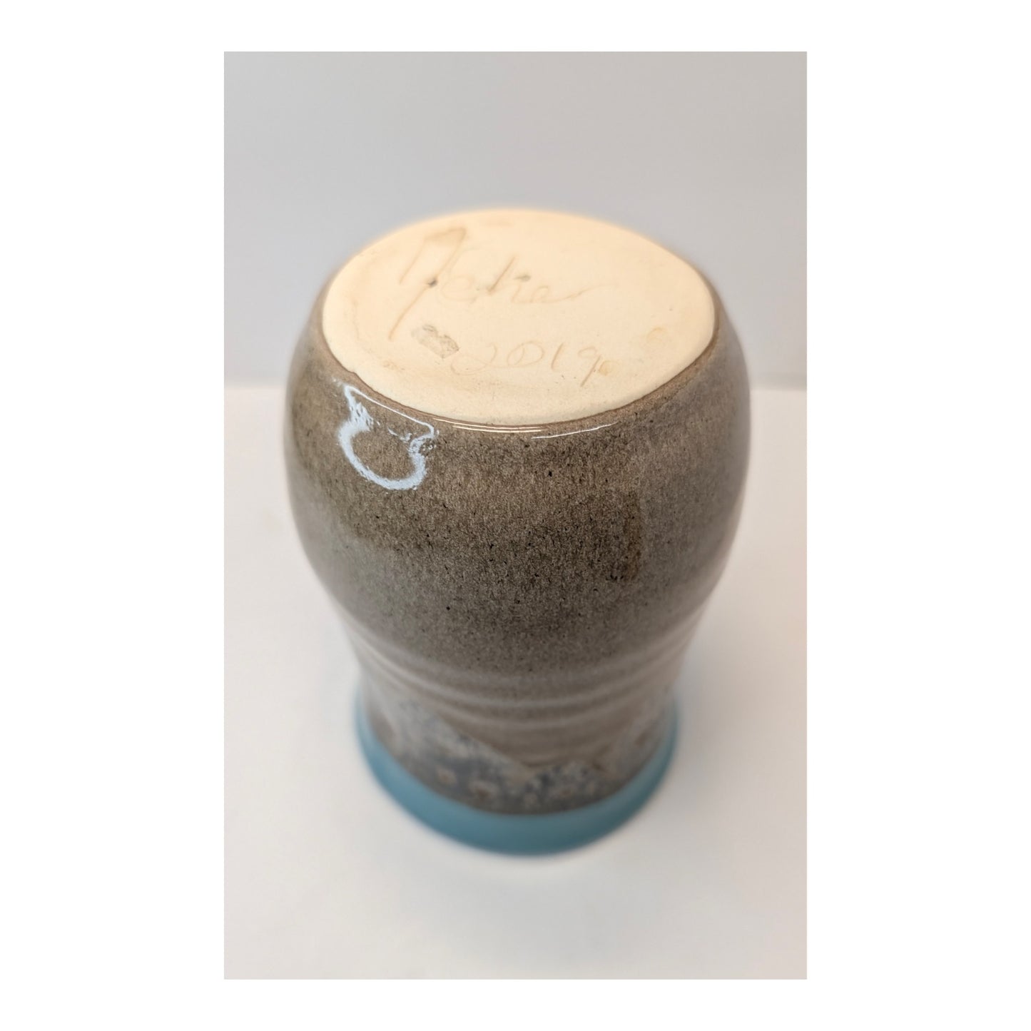 Signed Neher Pottery Hand Warmer Mug, Turquoise & Earth Tone Glaze