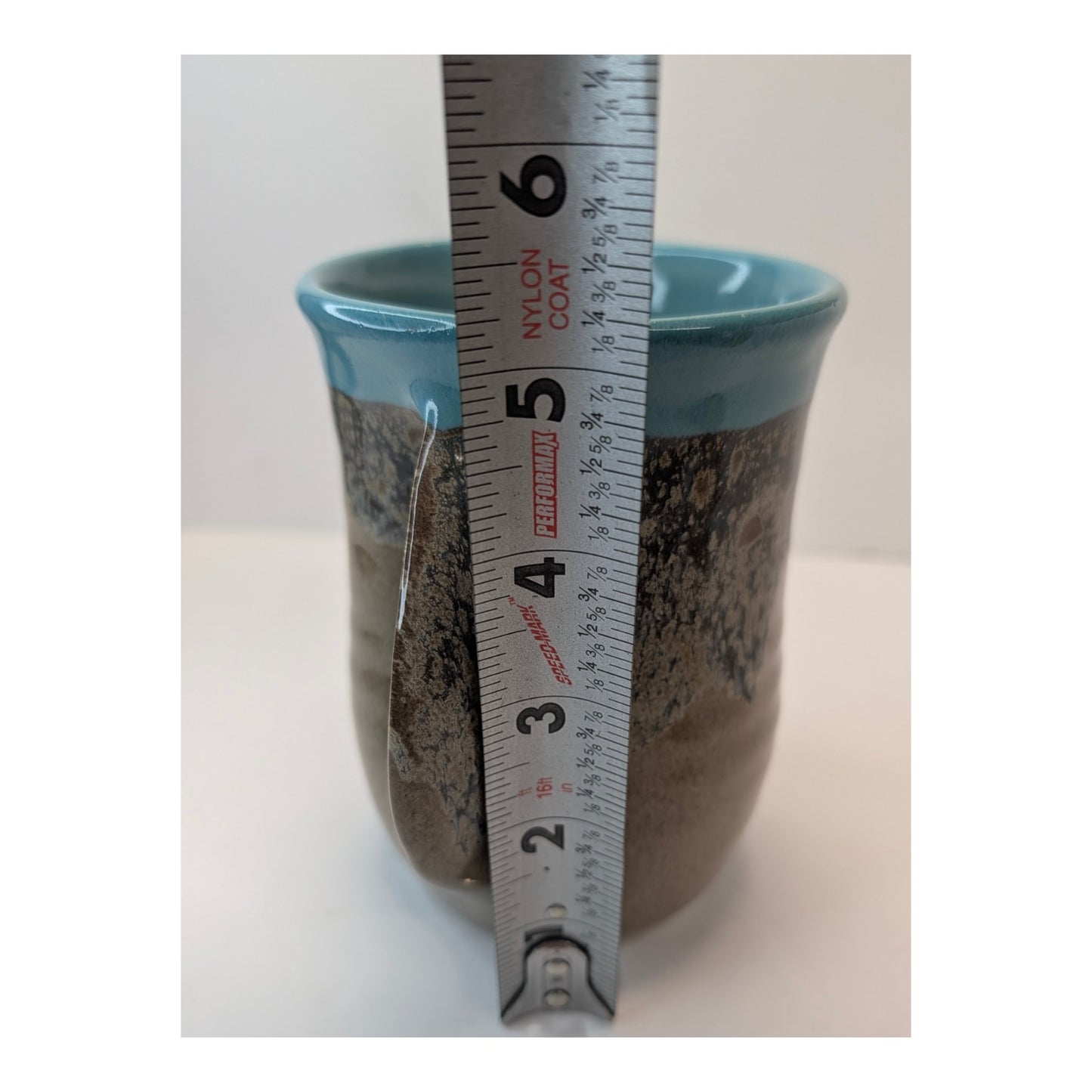 Signed Neher Pottery Hand Warmer Mug, Turquoise & Earth Tone Glaze