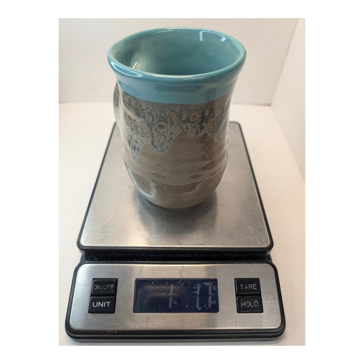 Signed Neher Pottery Hand Warmer Mug, Turquoise & Earth Tone Glaze