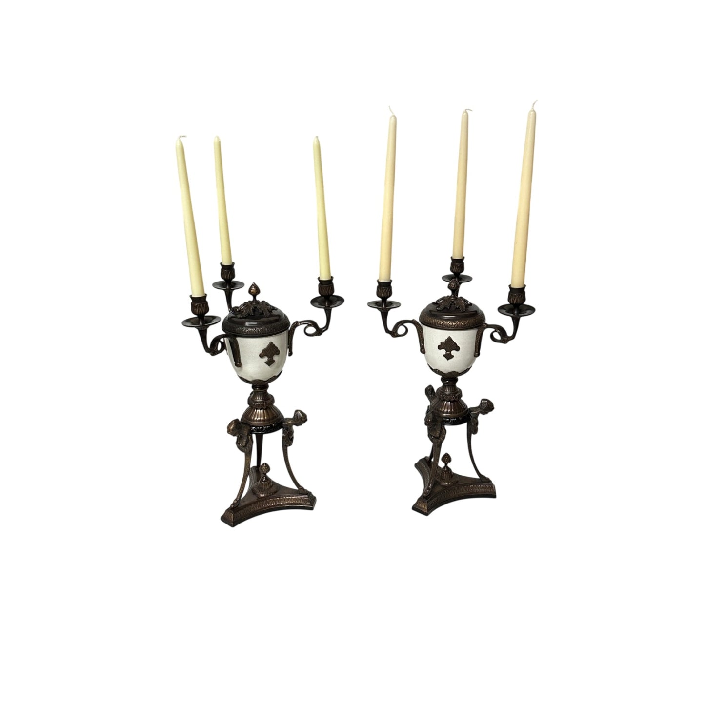 Vintage Neoclassical Bronze Caryatid Urn Candelabra Pair