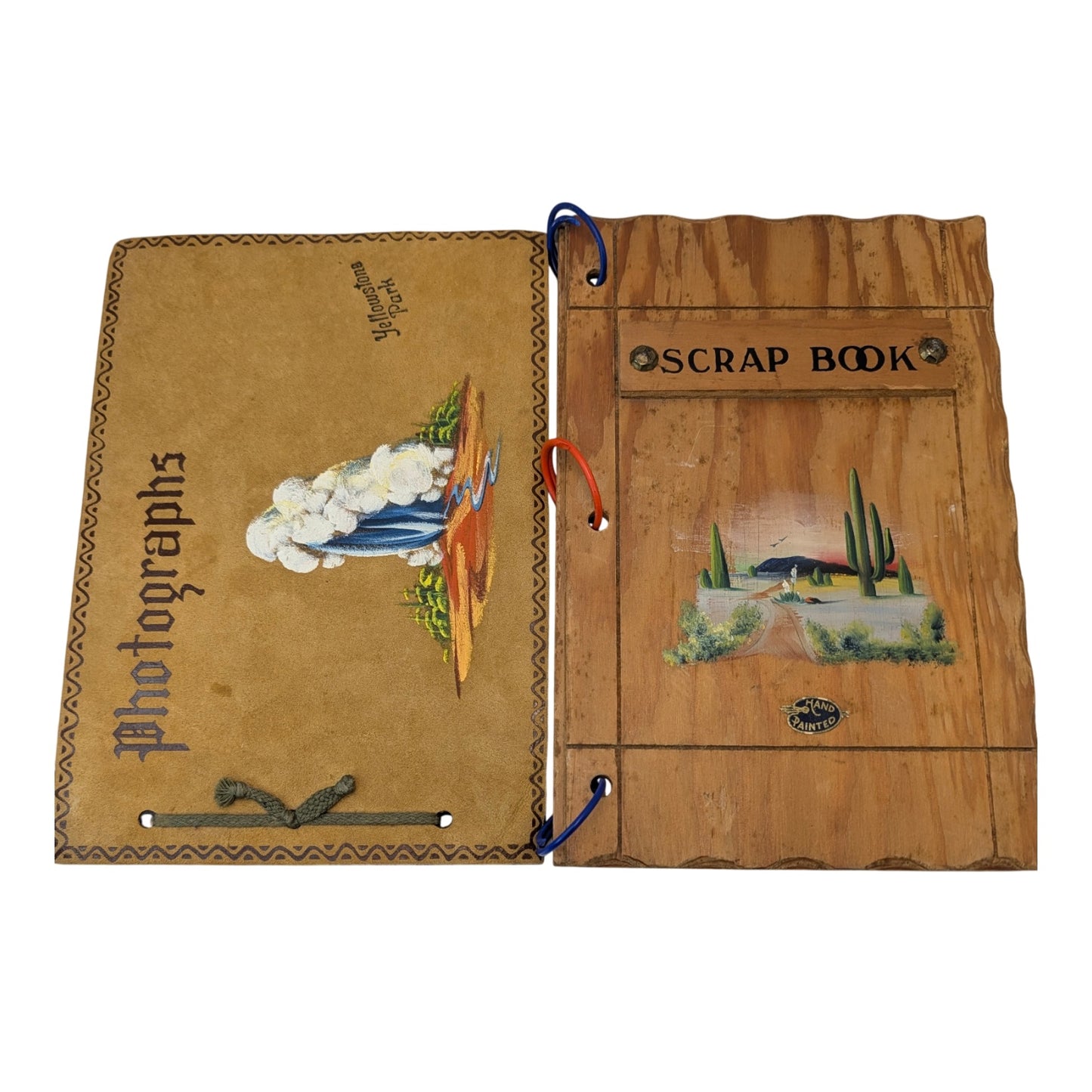 Lot of 2 Vintage 1950s Scrapbooks Hand Painted Wood & Suede Yellowstone