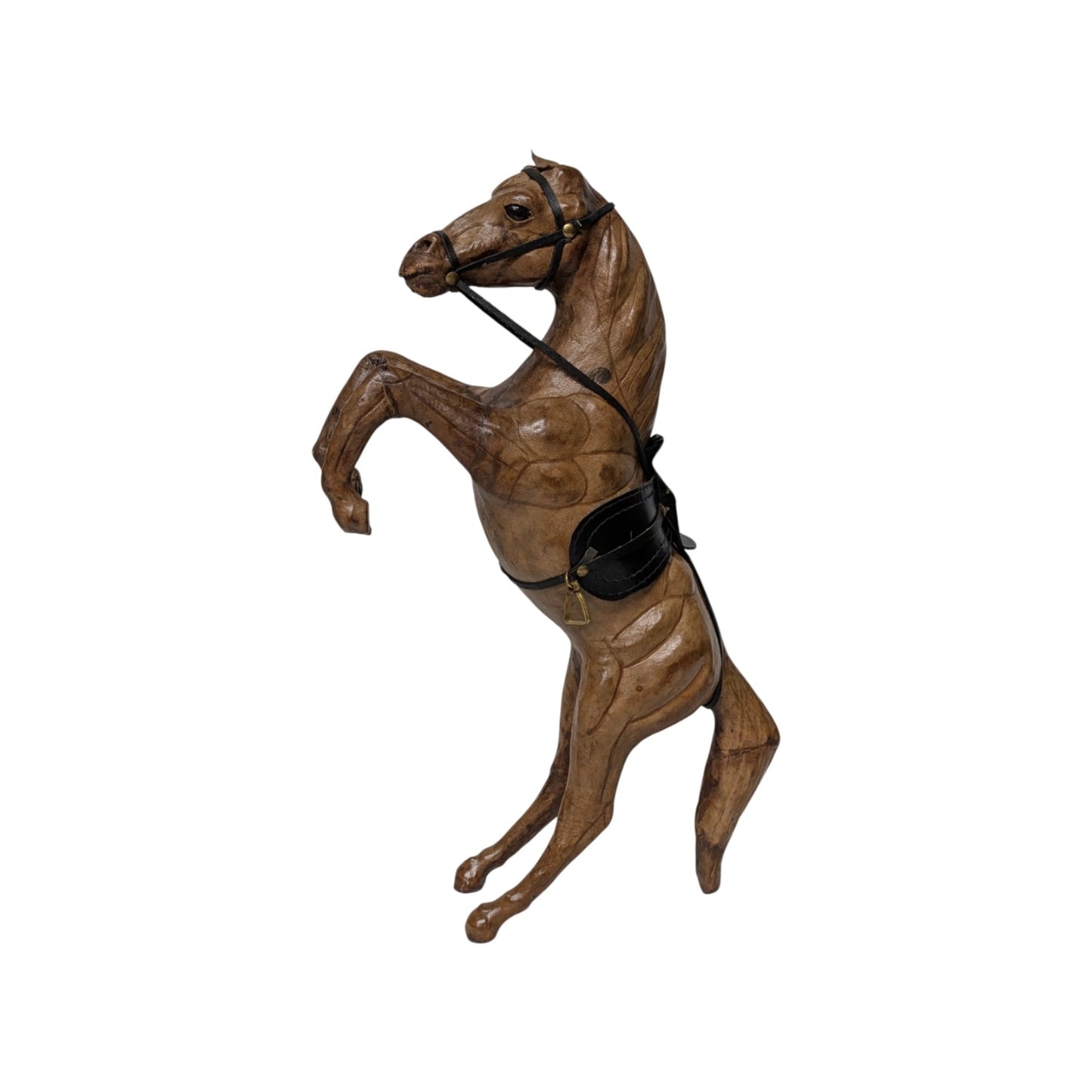 Vintage Tooled Leather Rearing Horse Sculpture Equestrian Mid-Century Decor