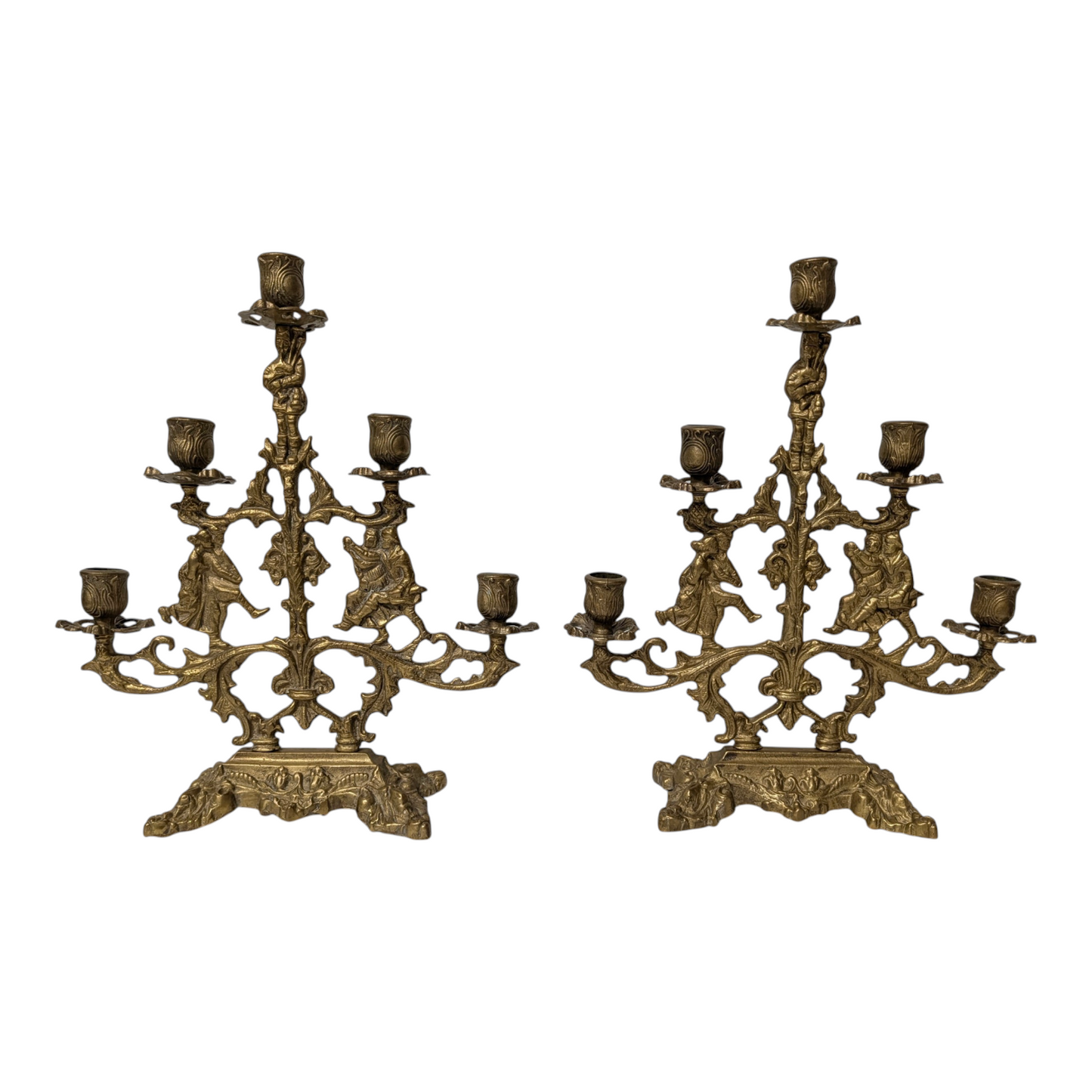 Lg Vintage Gothic Revival Figural Brass Candelabra Pair, 5-Arm Jesters