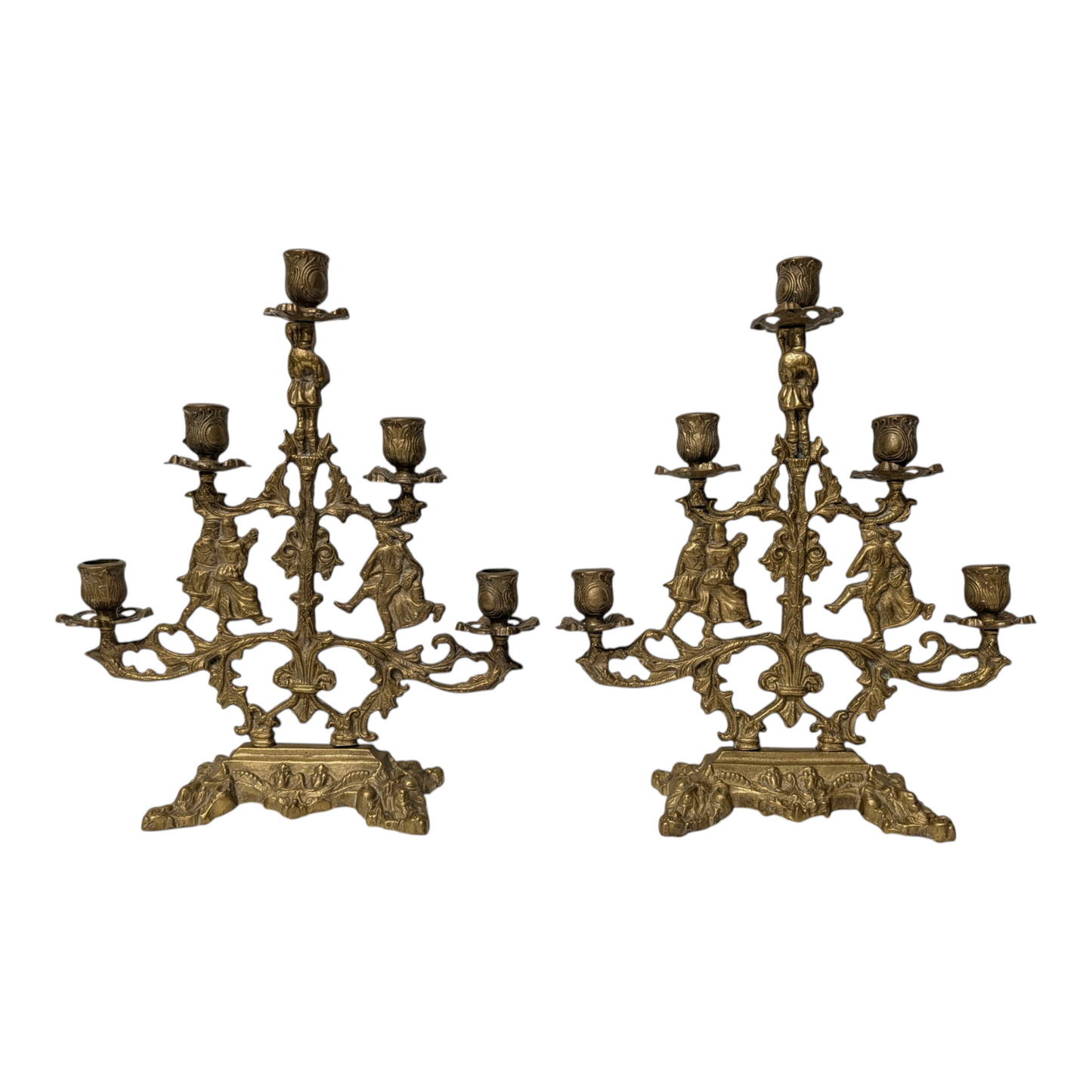 Lg Vintage Gothic Revival Figural Brass Candelabra Pair, 5-Arm Jesters