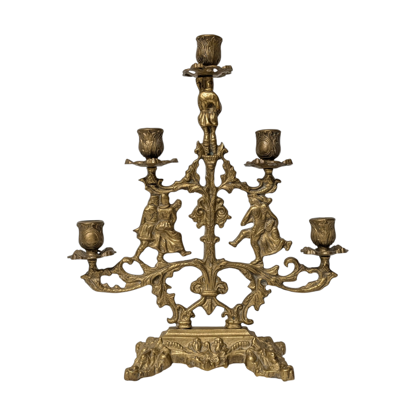 Lg Vintage Gothic Revival Figural Brass Candelabra Pair, 5-Arm Jesters