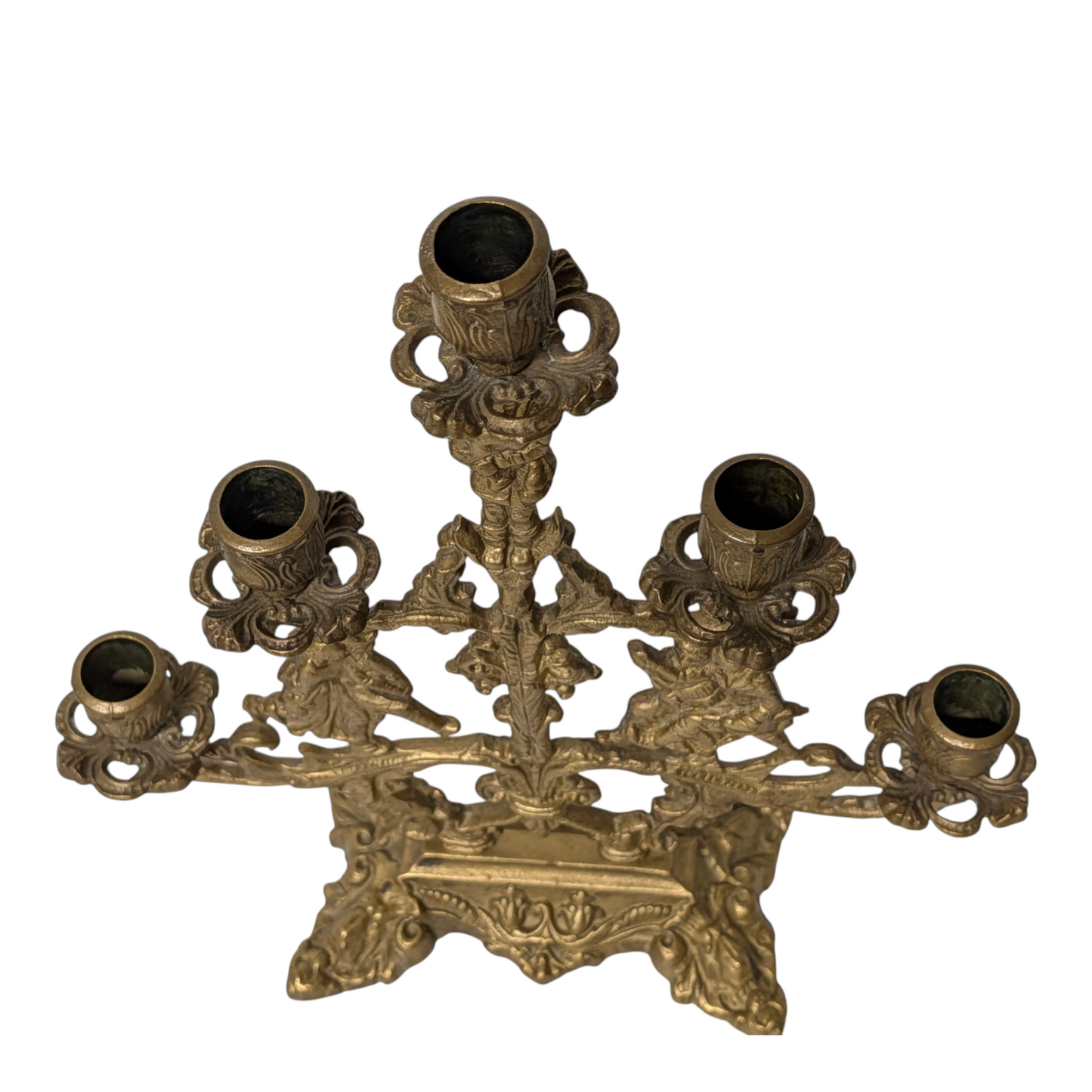 Lg Vintage Gothic Revival Figural Brass Candelabra Pair, 5-Arm Jesters