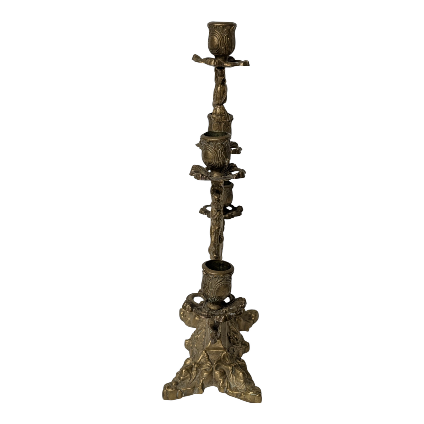 Lg Vintage Gothic Revival Figural Brass Candelabra Pair, 5-Arm Jesters