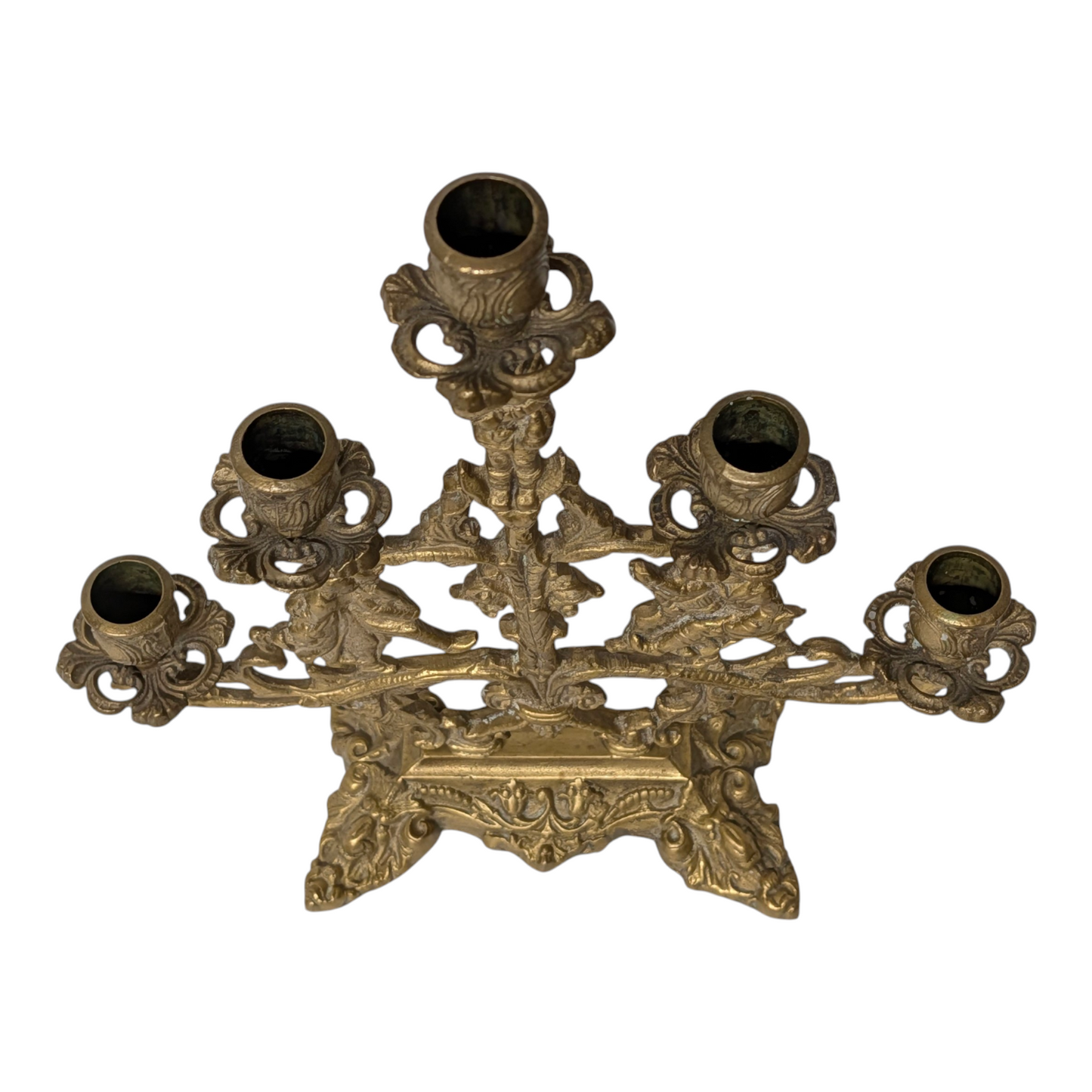 Lg Vintage Gothic Revival Figural Brass Candelabra Pair, 5-Arm Jesters