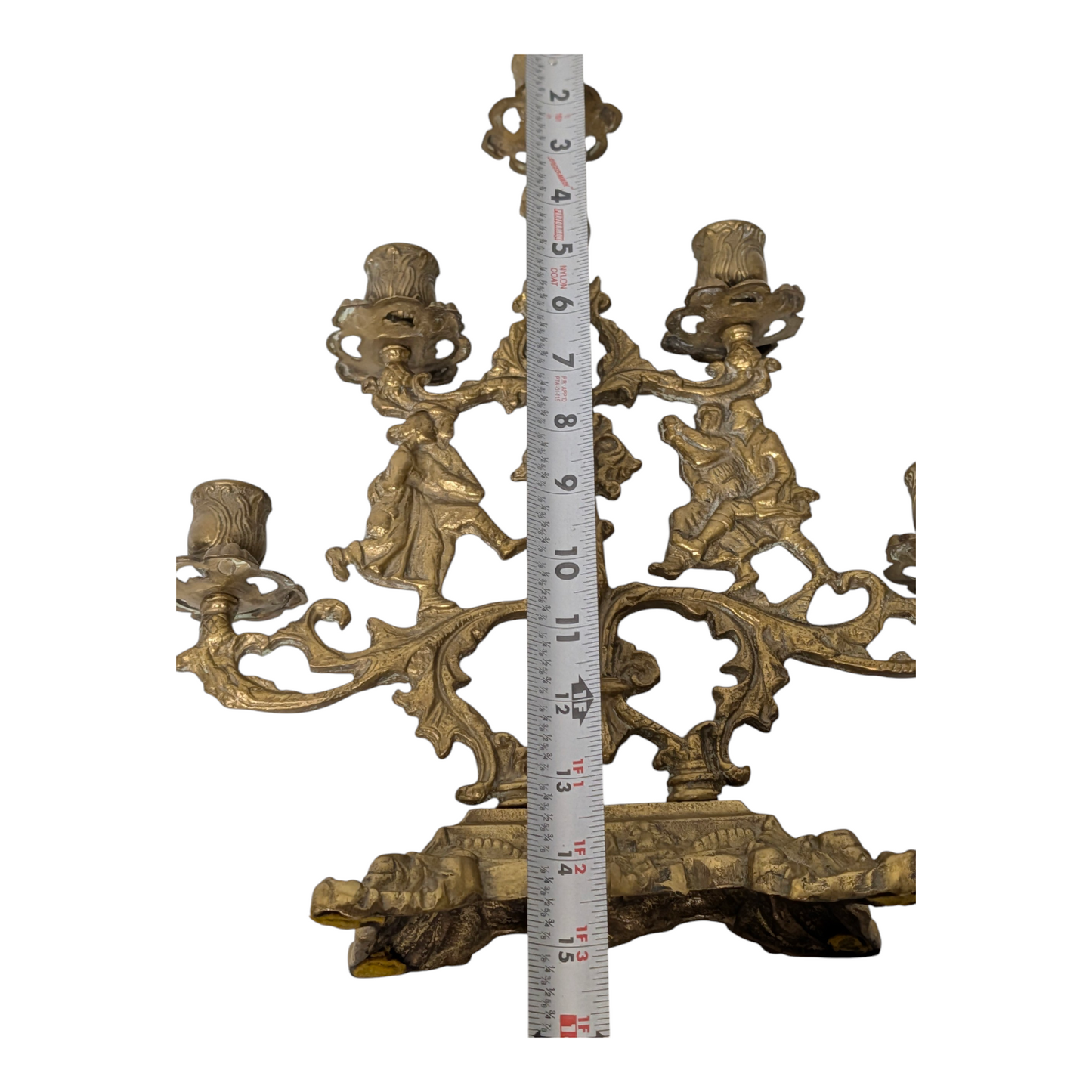 Lg Vintage Gothic Revival Figural Brass Candelabra Pair, 5-Arm Jesters