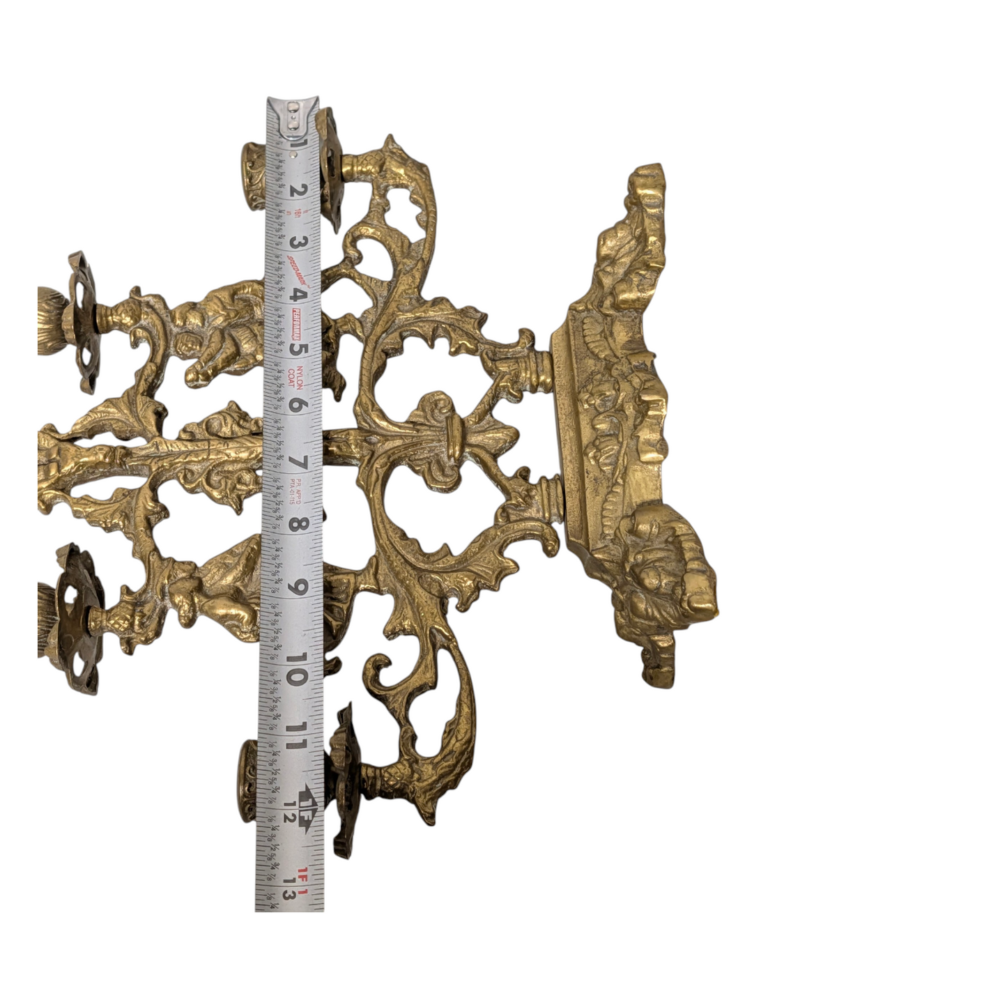 Lg Vintage Gothic Revival Figural Brass Candelabra Pair, 5-Arm Jesters