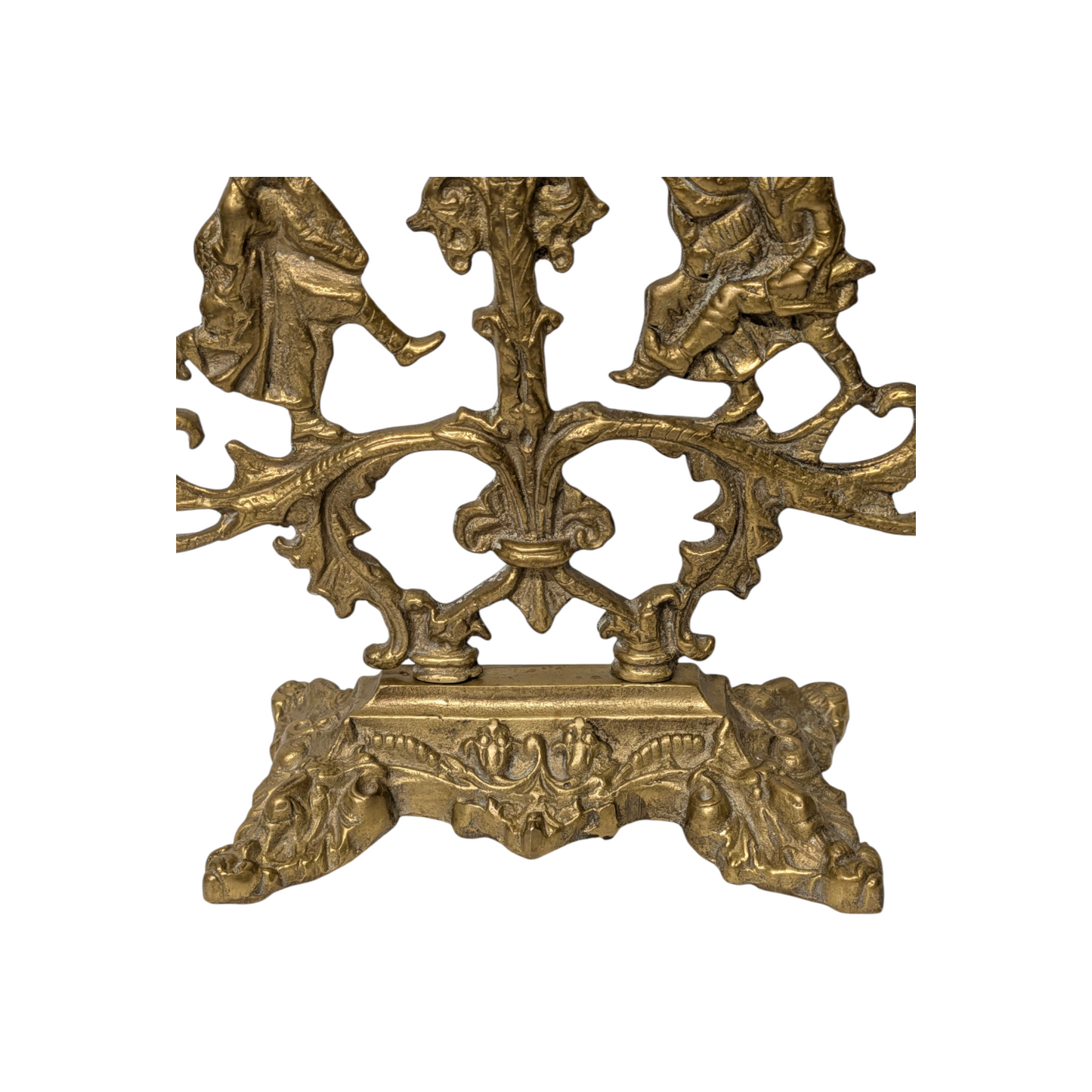 Lg Vintage Gothic Revival Figural Brass Candelabra Pair, 5-Arm Jesters