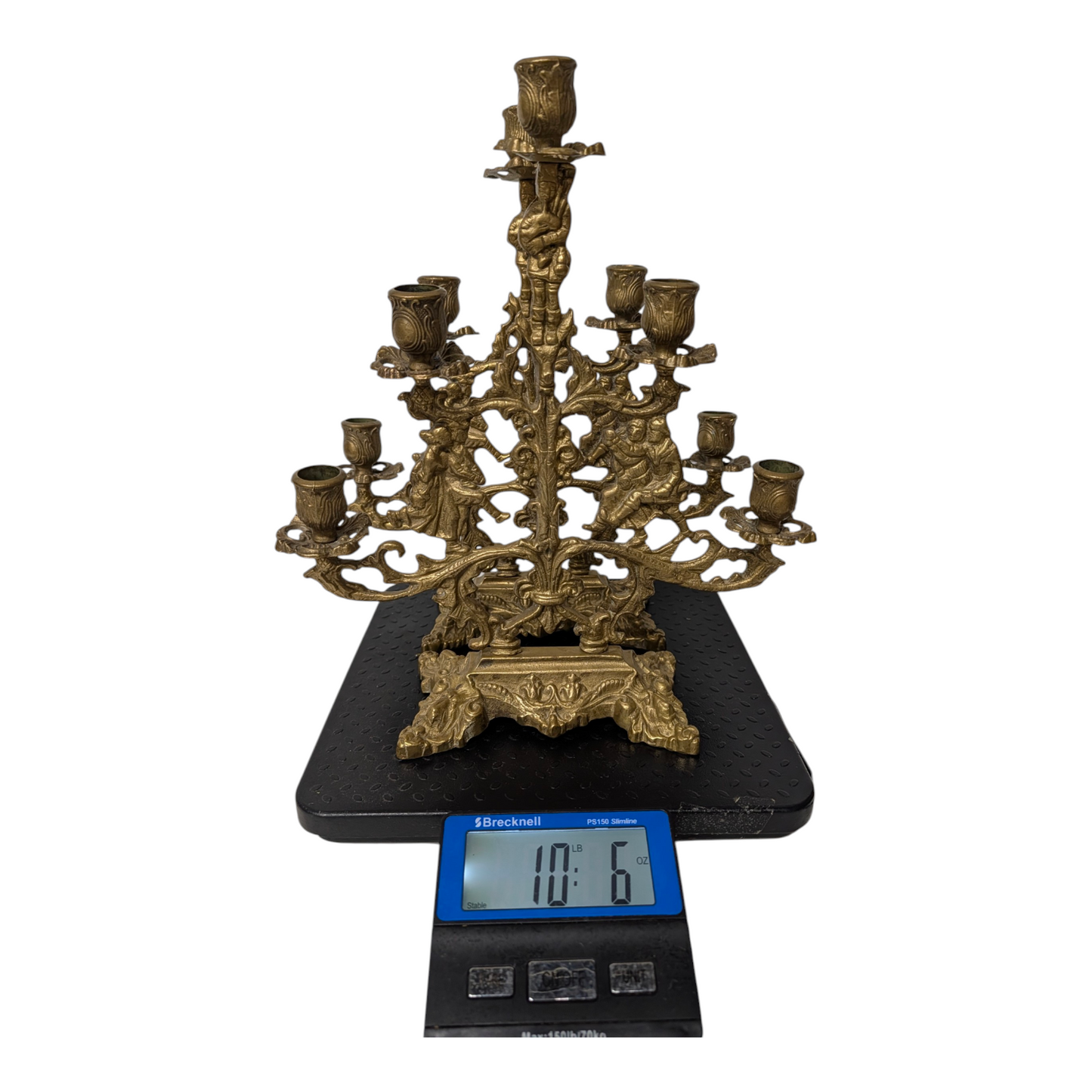 Lg Vintage Gothic Revival Figural Brass Candelabra Pair, 5-Arm Jesters