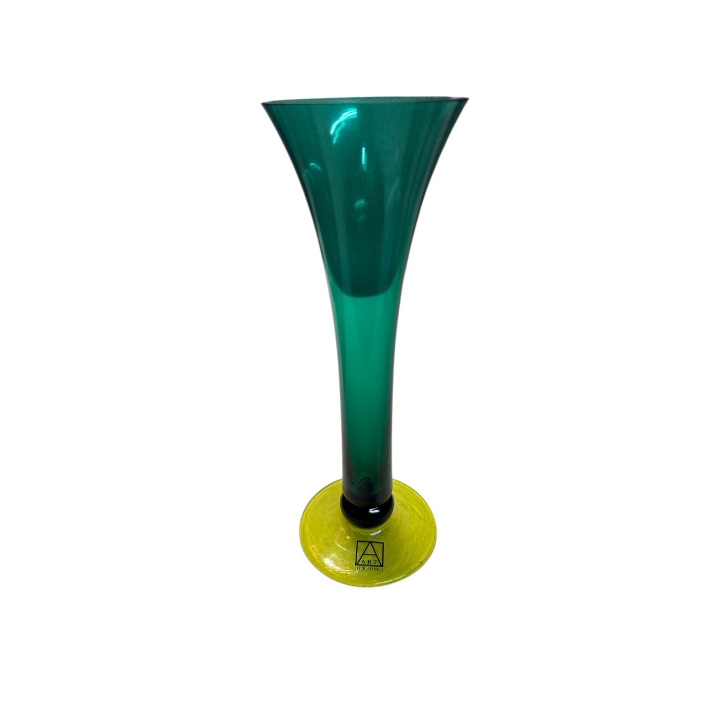 Vintage Czech Art Glass Trumpet Vase Emerald Green & Chartreuse Base