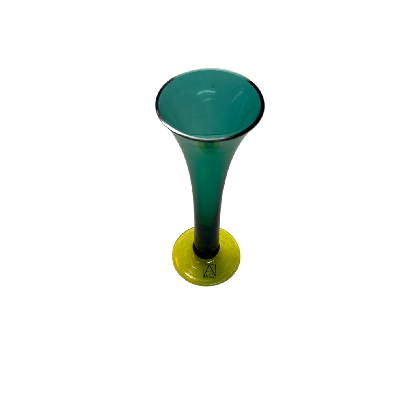 Vintage Czech Art Glass Trumpet Vase Emerald Green & Chartreuse Base
