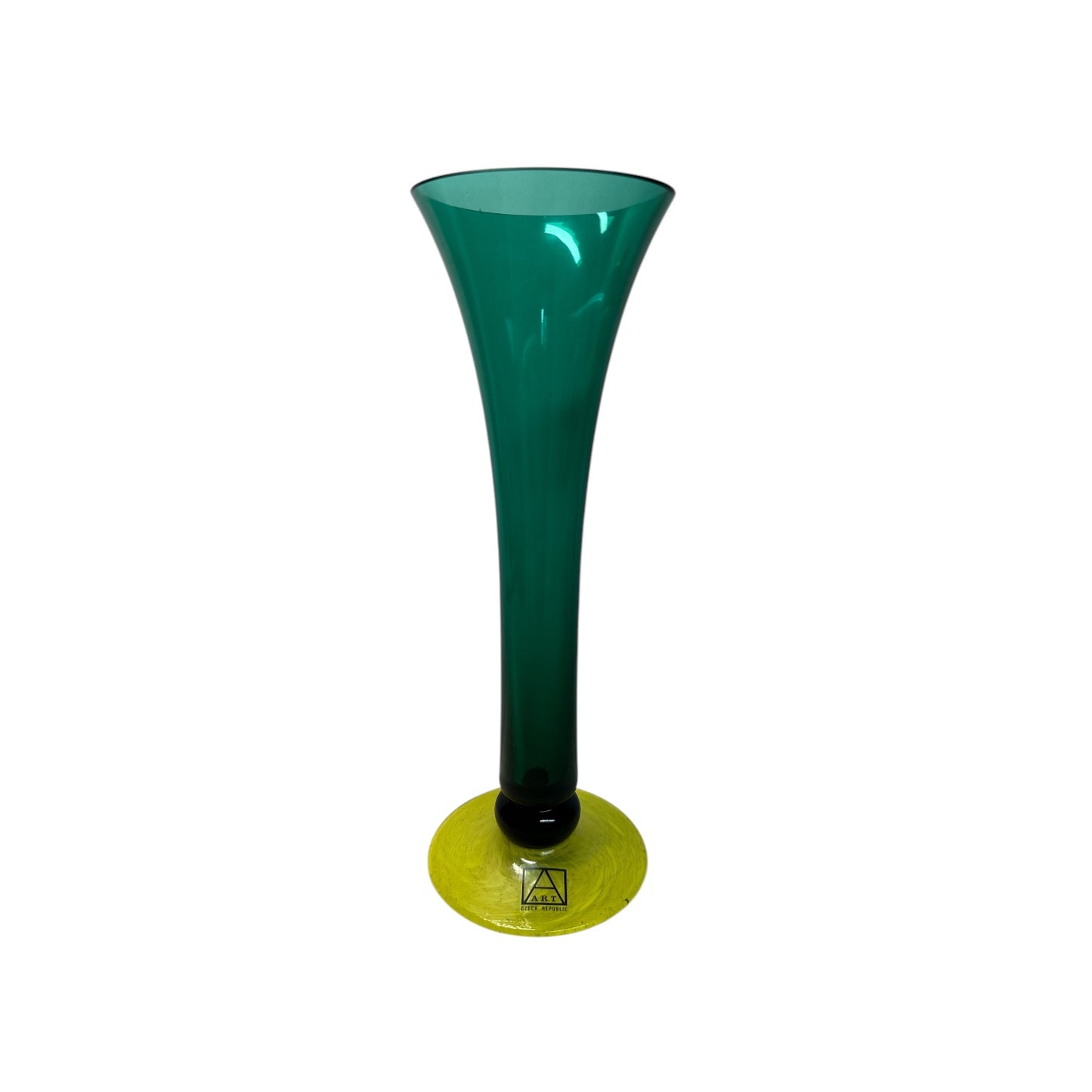 Vintage Czech Art Glass Trumpet Vase Emerald Green & Chartreuse Base