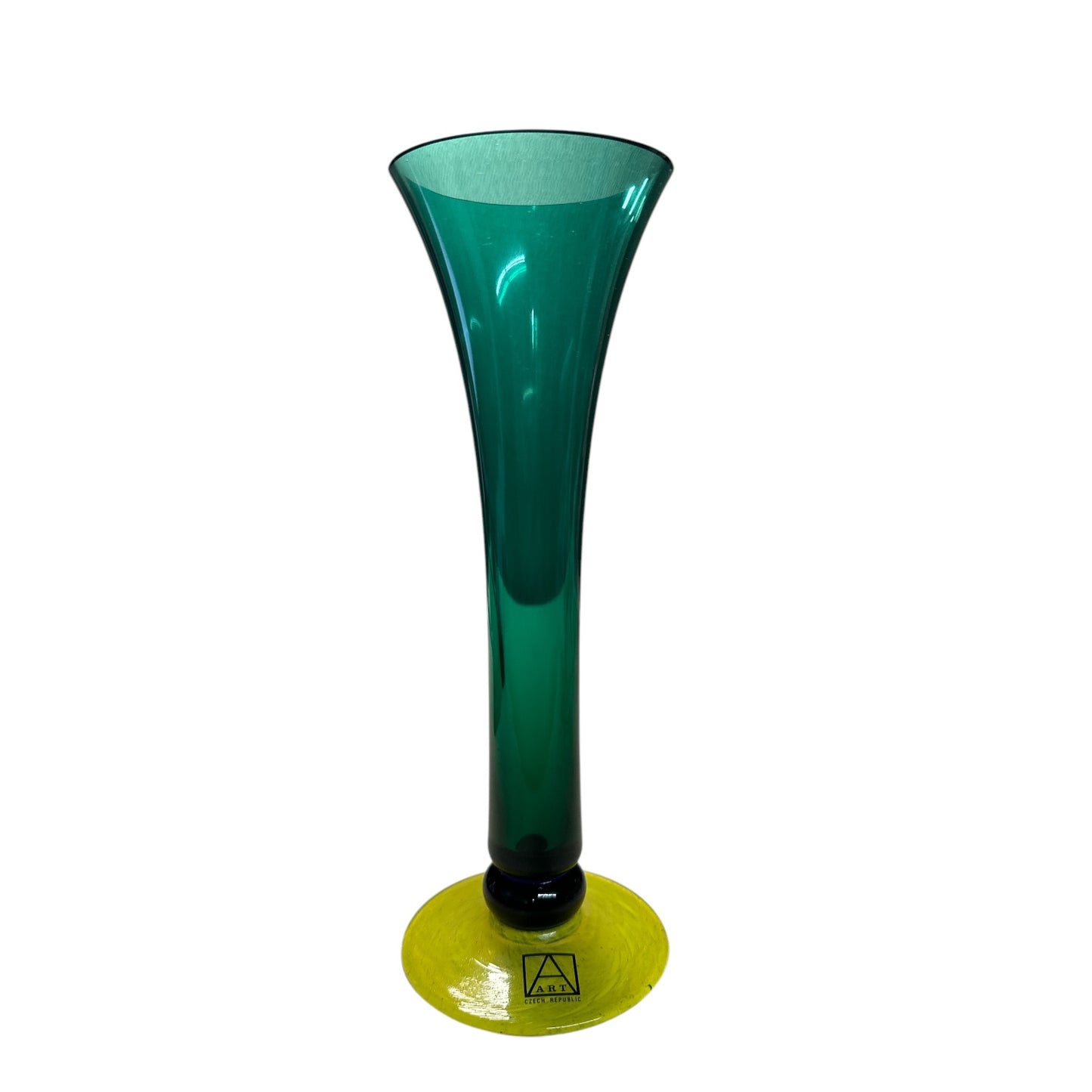 Vintage Czech Art Glass Trumpet Vase Emerald Green & Chartreuse Base