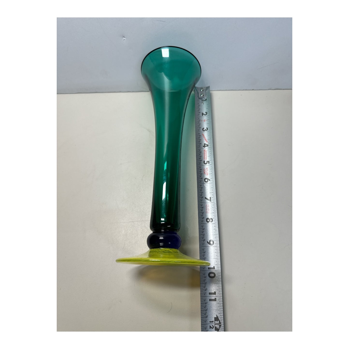 Vintage Czech Art Glass Trumpet Vase Emerald Green & Chartreuse Base