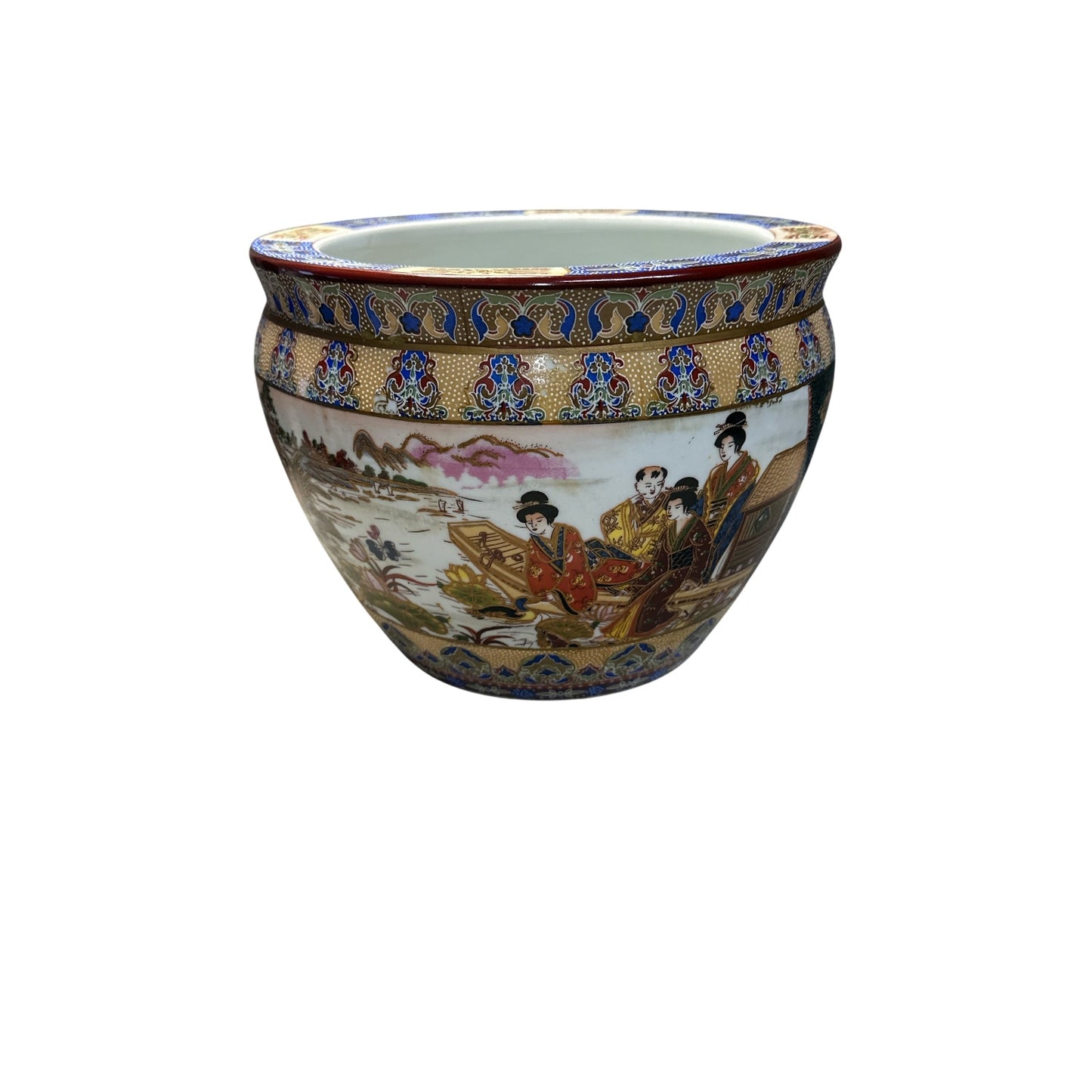 Large Chinoiserie Porcelain Planter Bowl Satsuma Style Koi Fish