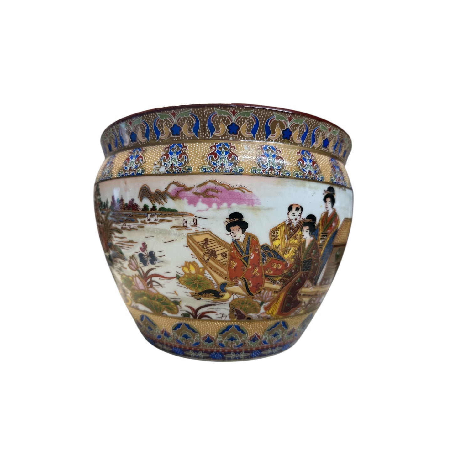 Large Chinoiserie Porcelain Planter Bowl Satsuma Style Koi Fish