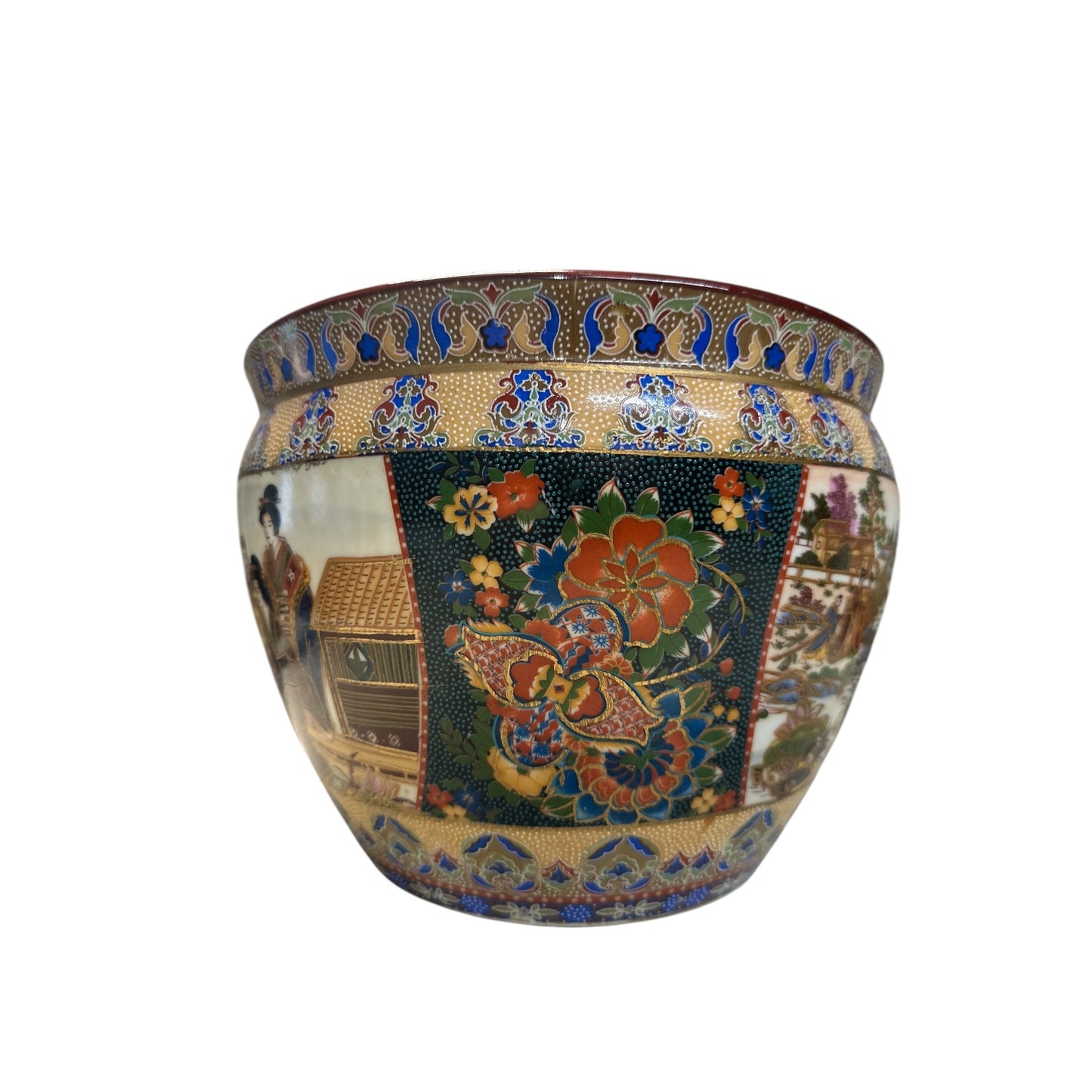 Large Chinoiserie Porcelain Planter Bowl Satsuma Style Koi Fish