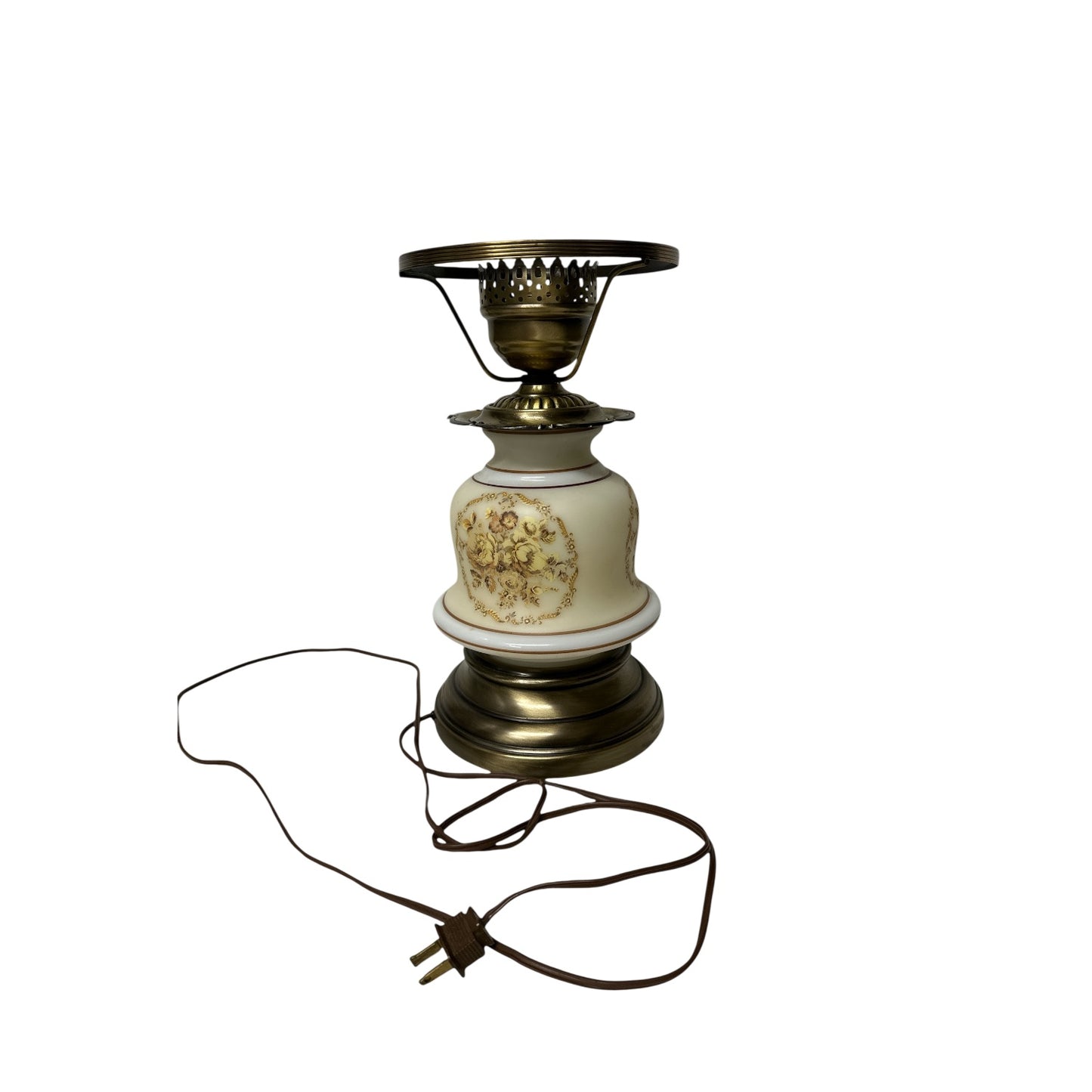 Vintage Victorian Revival Milk Glass Floral Lamp, Brass Base, 1960s Accent Light