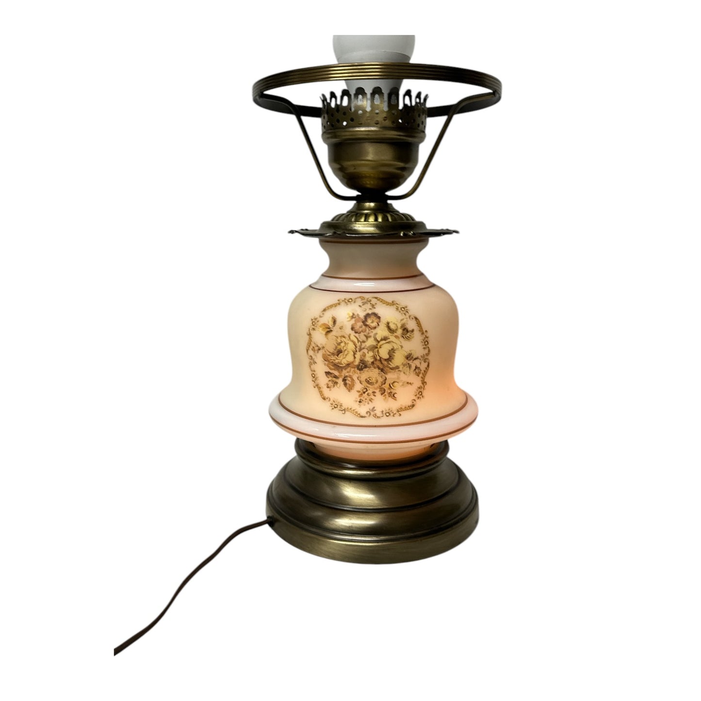 Vintage Victorian Revival Milk Glass Floral Lamp, Brass Base, 1960s Accent Light