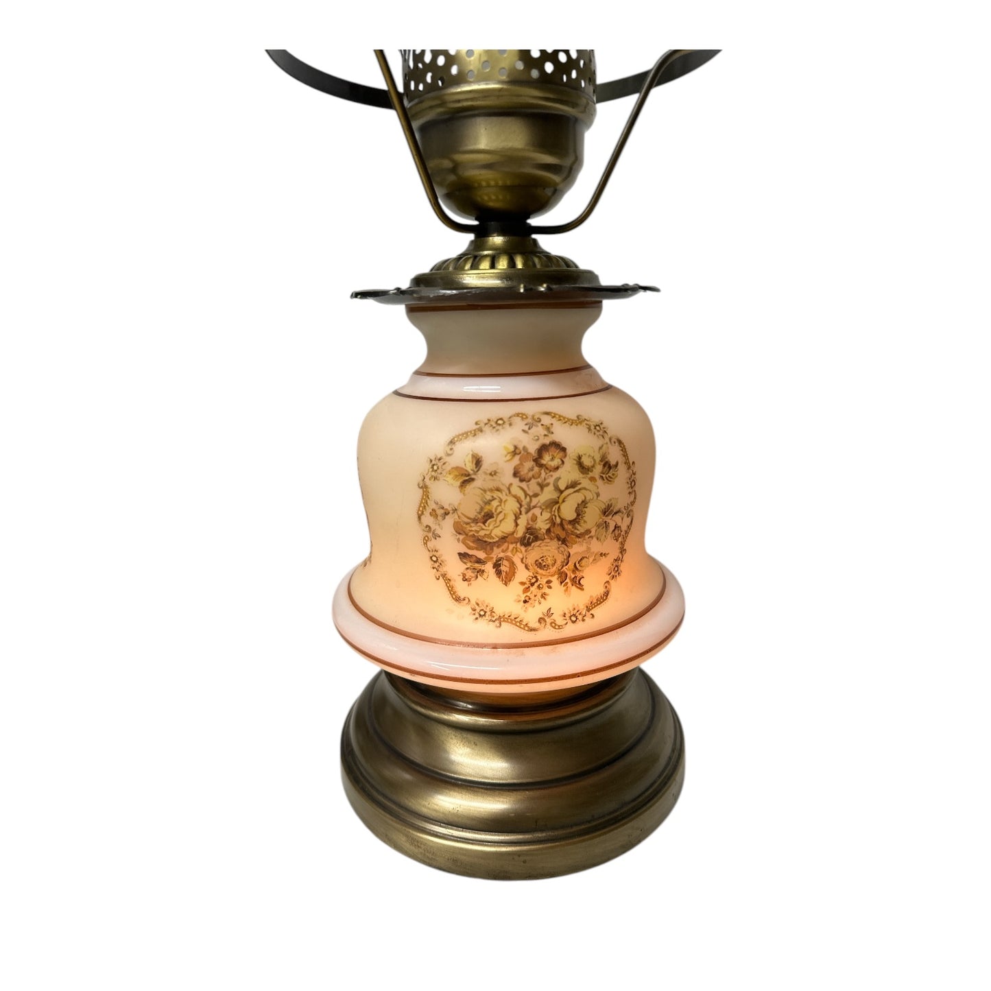Vintage Victorian Revival Milk Glass Floral Lamp, Brass Base, 1960s Accent Light