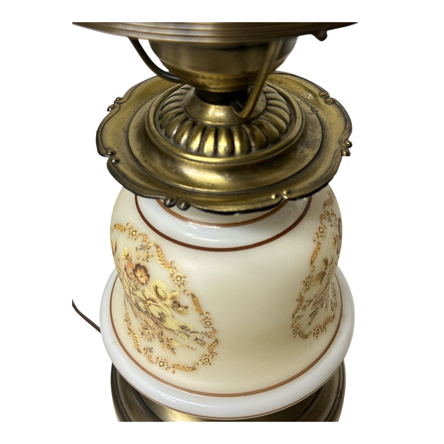 Vintage Victorian Revival Milk Glass Floral Lamp, Brass Base, 1960s Accent Light