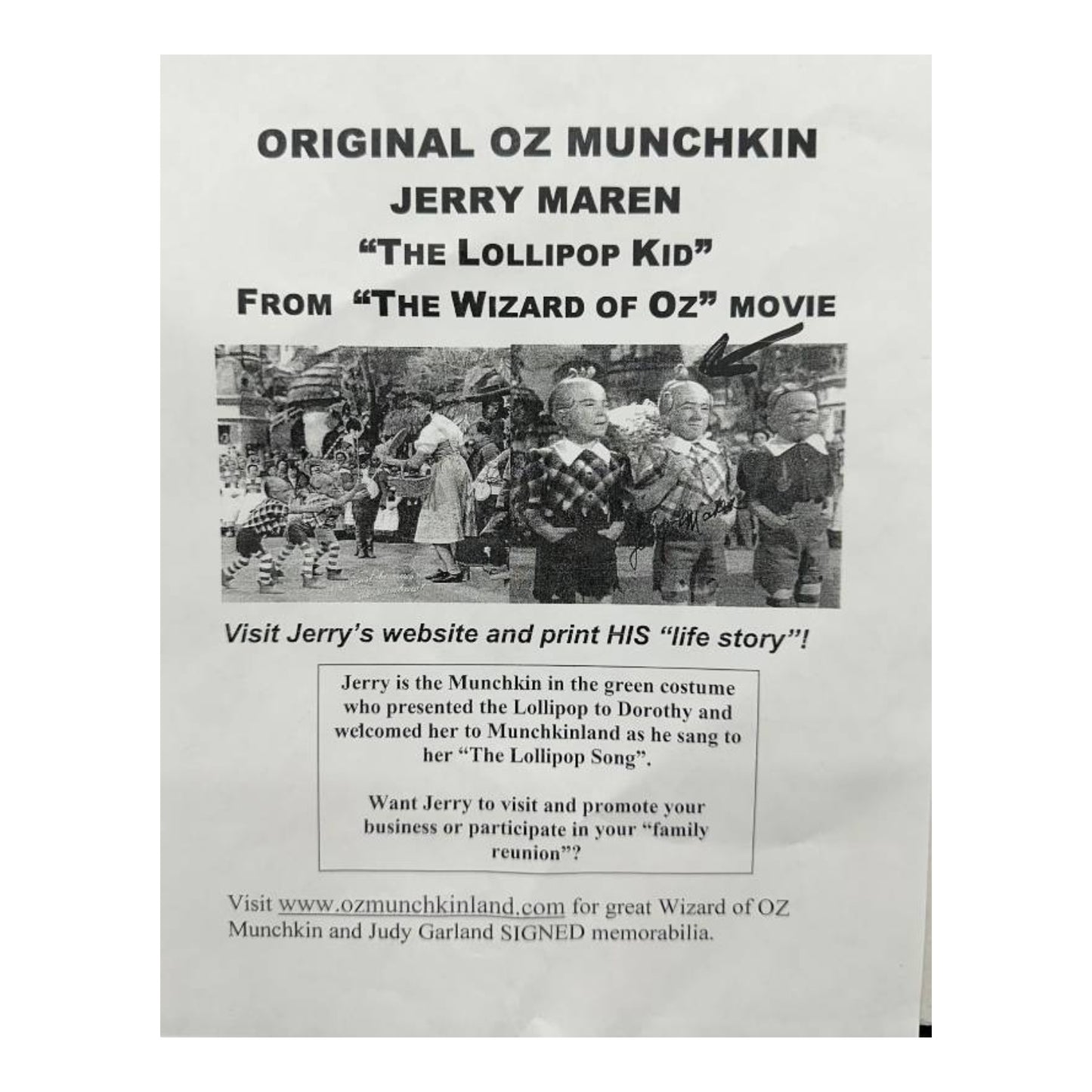 Jerry Maren Signed Wizard of Oz "Lollipop Kid" Matted Photo Autograph