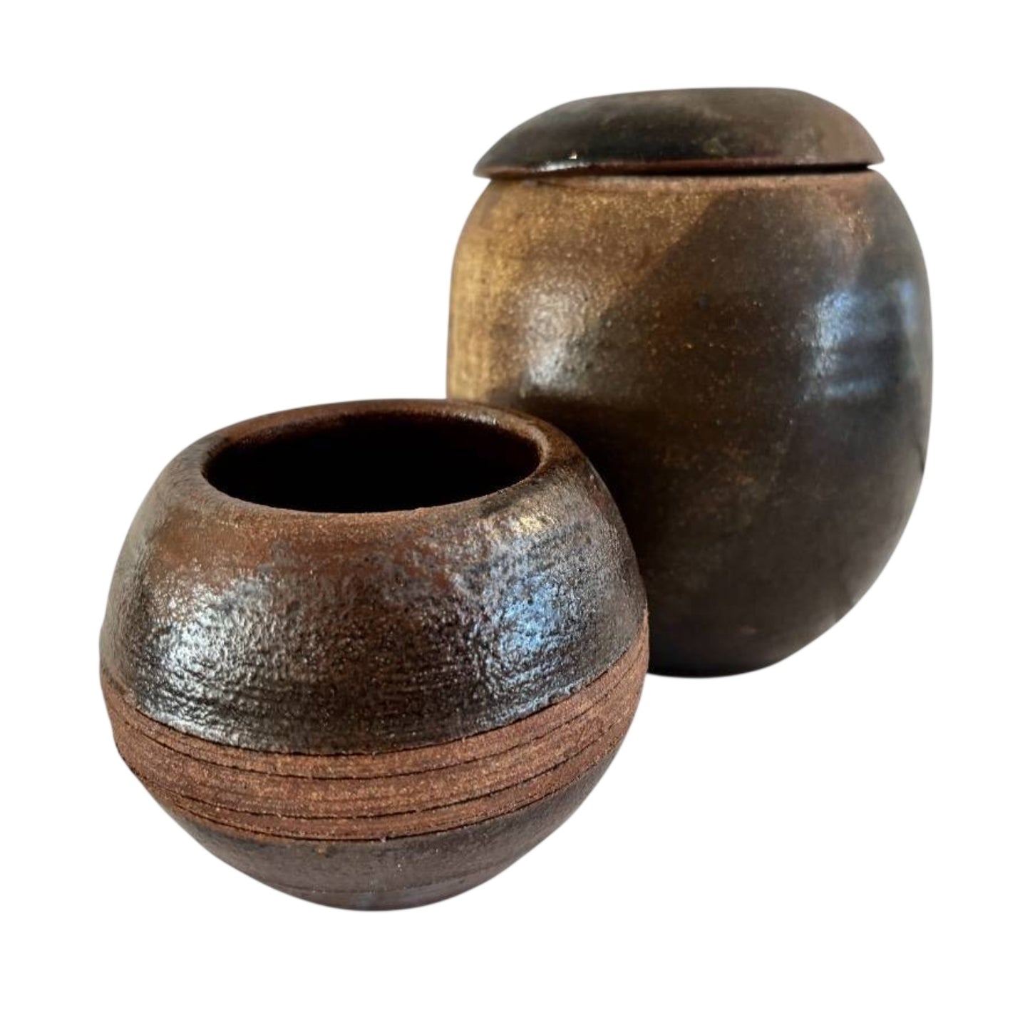 Signed Brutalist Studio Pottery Lidded Jar & Pot Set, 1979-80