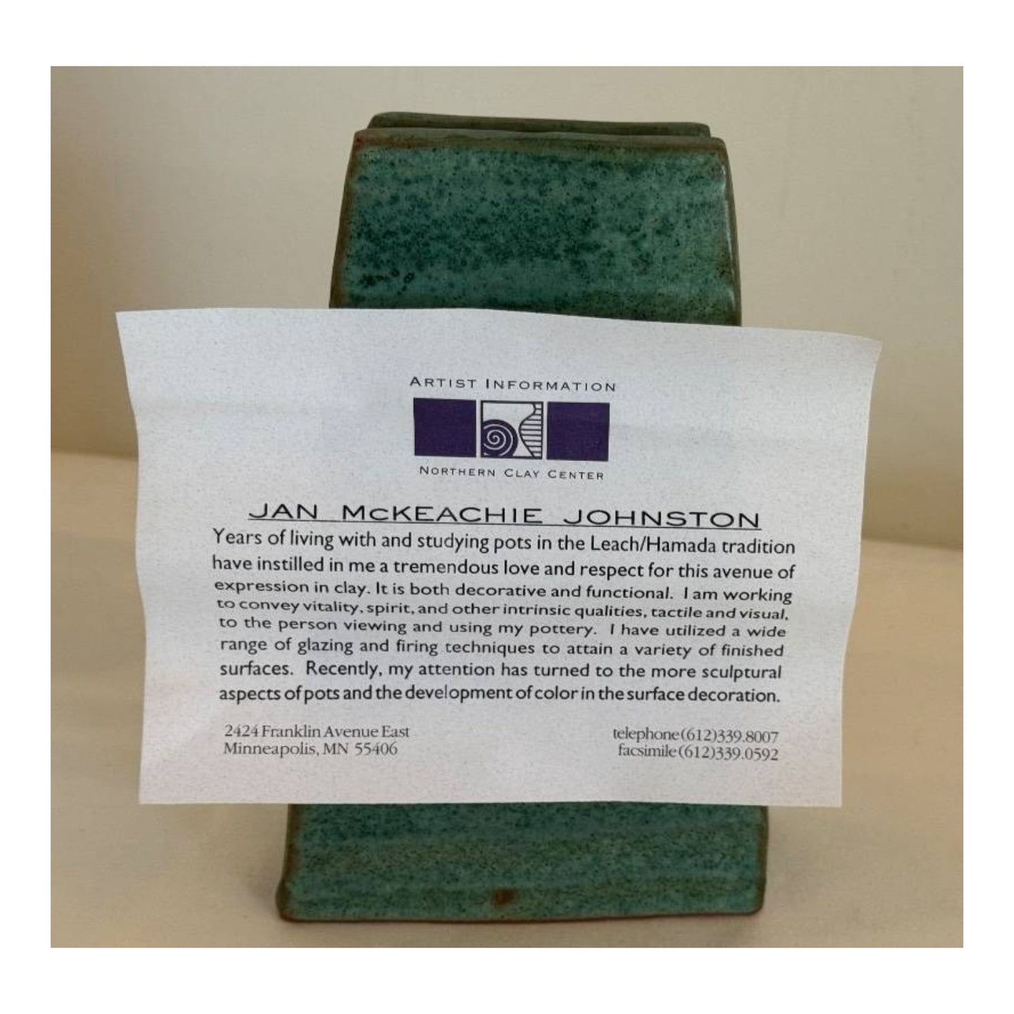 Jan McKeachie Johnston Studio Pottery Slab Vase Leach Hamada Style Green Glaze
