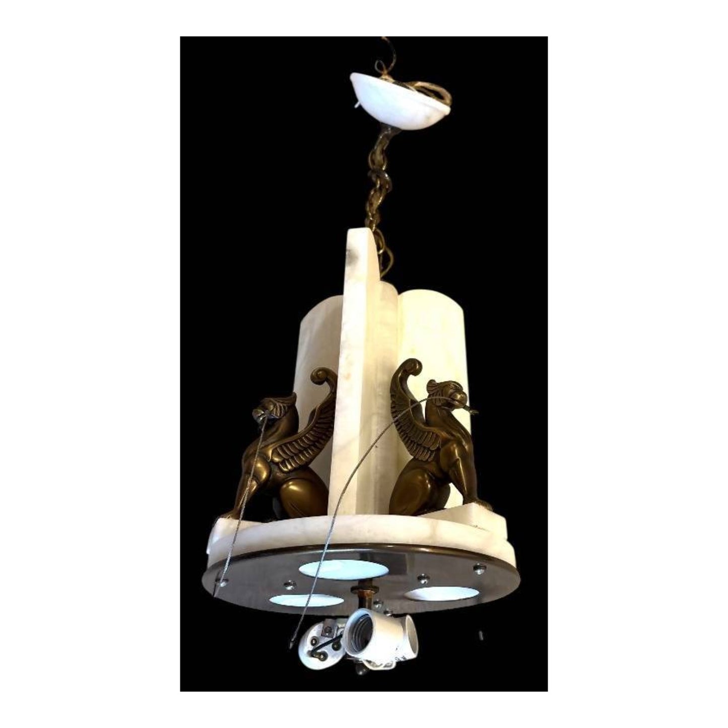 Monumental Art Deco Alabaster & Bronze Griffin Chandelier c. 1930