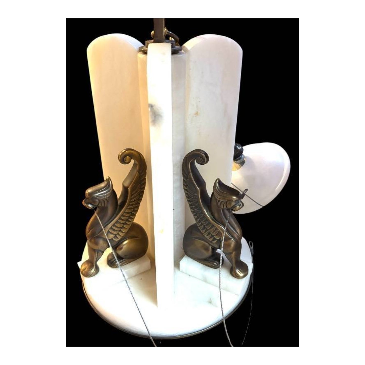 Monumental Art Deco Alabaster & Bronze Griffin Chandelier c. 1930