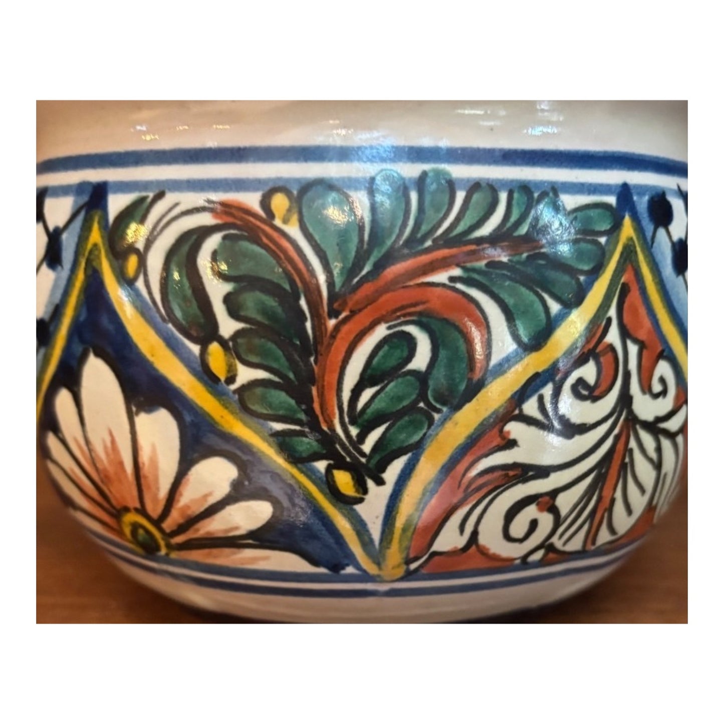 Vintage Hand-Painted Talavera Mexican Pottery Planter Bowl Cobalt Blue Floral