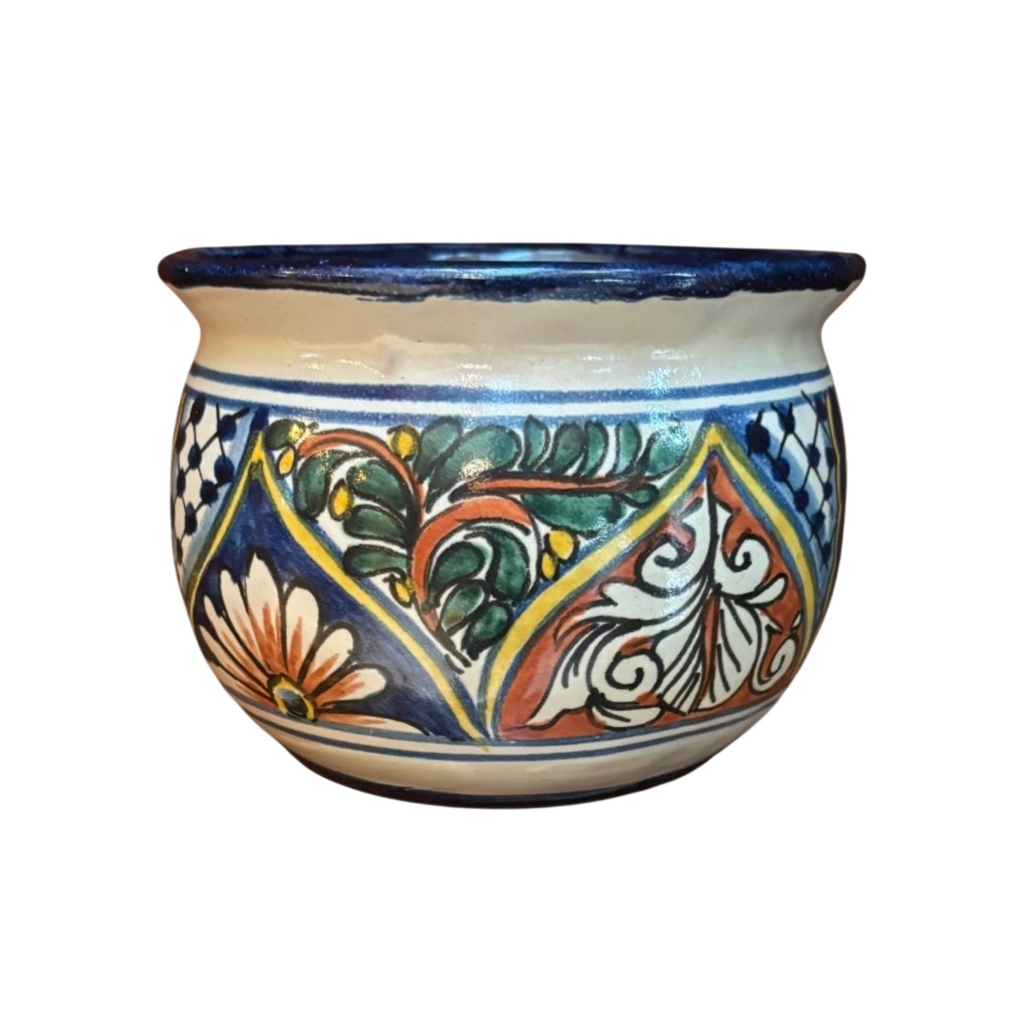 Vintage Hand-Painted Talavera Mexican Pottery Planter Bowl Cobalt Blue Floral