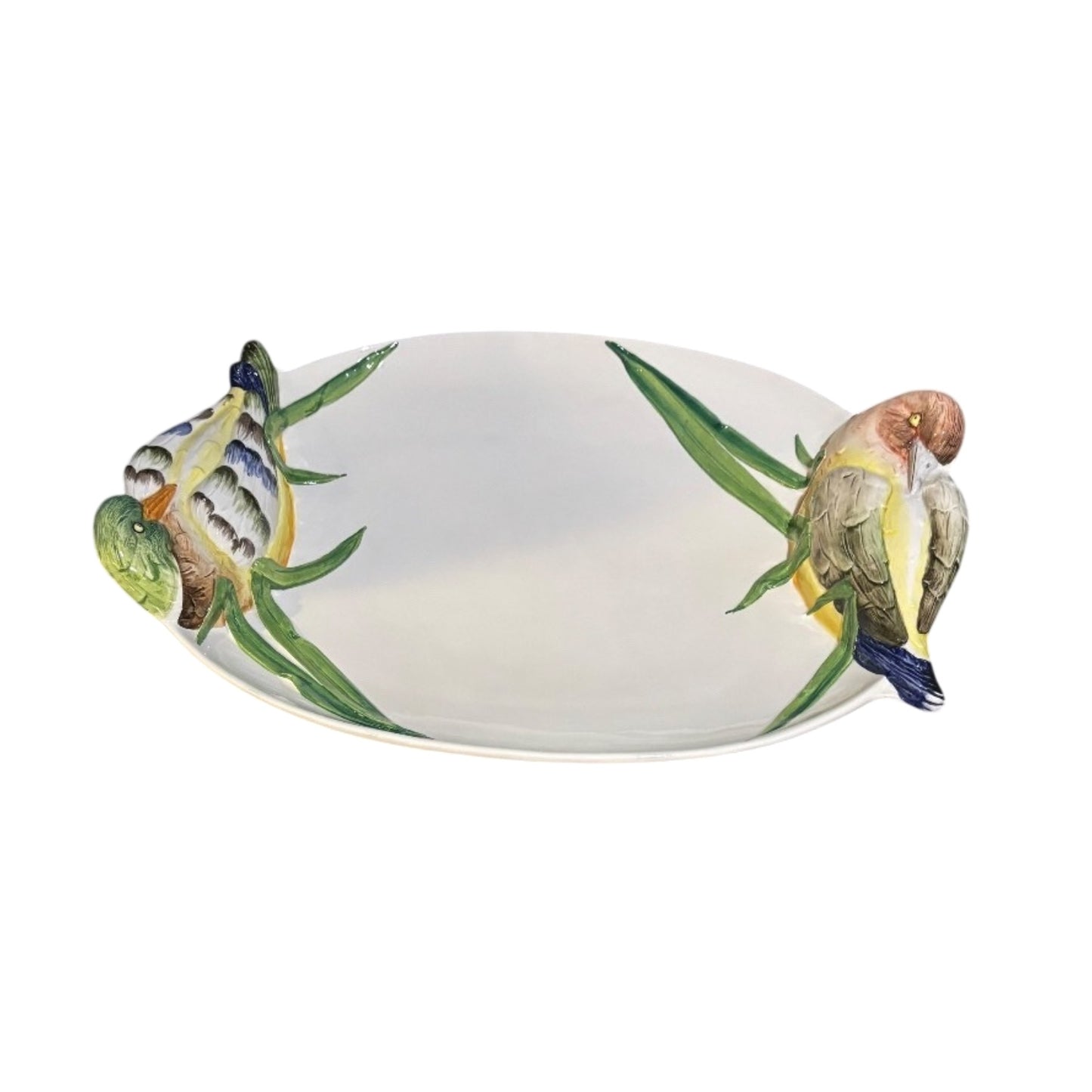 Vintage Cre Art Italian Majolica Parrot Centerpiece Platter, Hand-Painted Italy