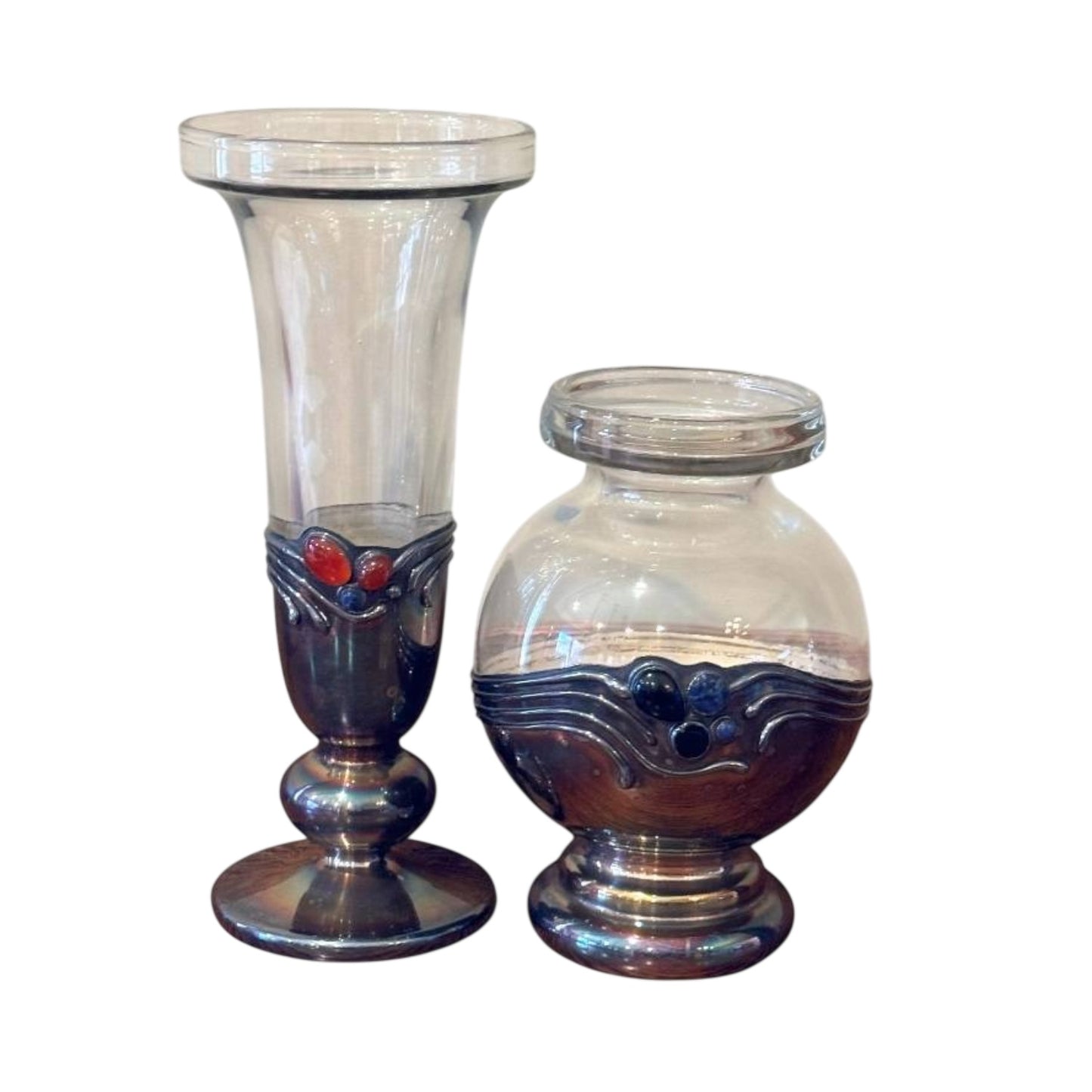 Domar Israeli 925 Sterling & Gemstone Art Glass Vase Set, Mid-Century
