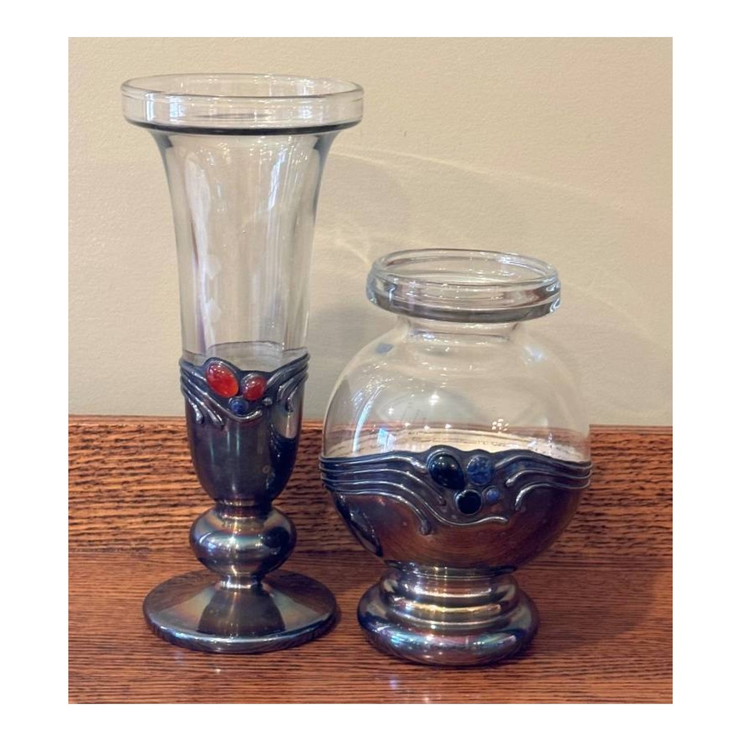 Domar Israeli 925 Sterling & Gemstone Art Glass Vase Set, Mid-Century
