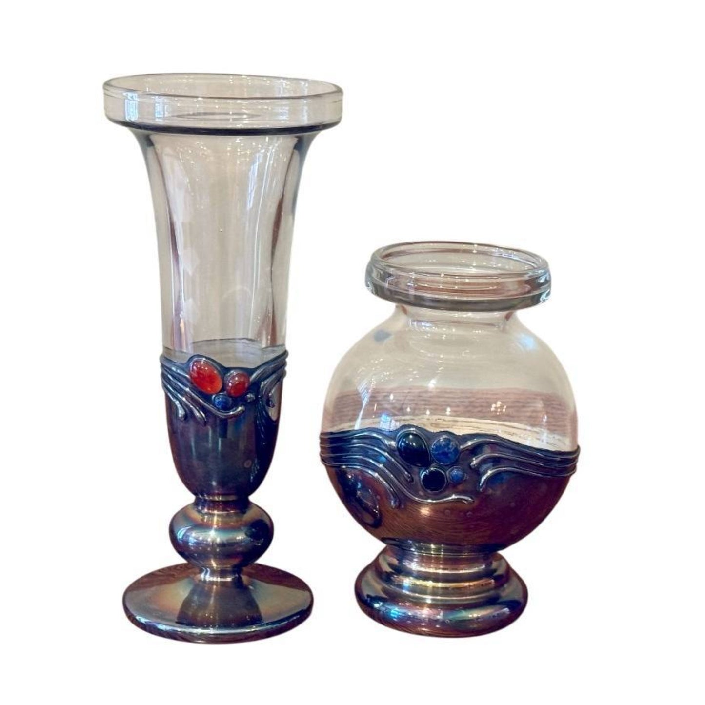 Domar Israeli 925 Sterling & Gemstone Art Glass Vase Set, Mid-Century