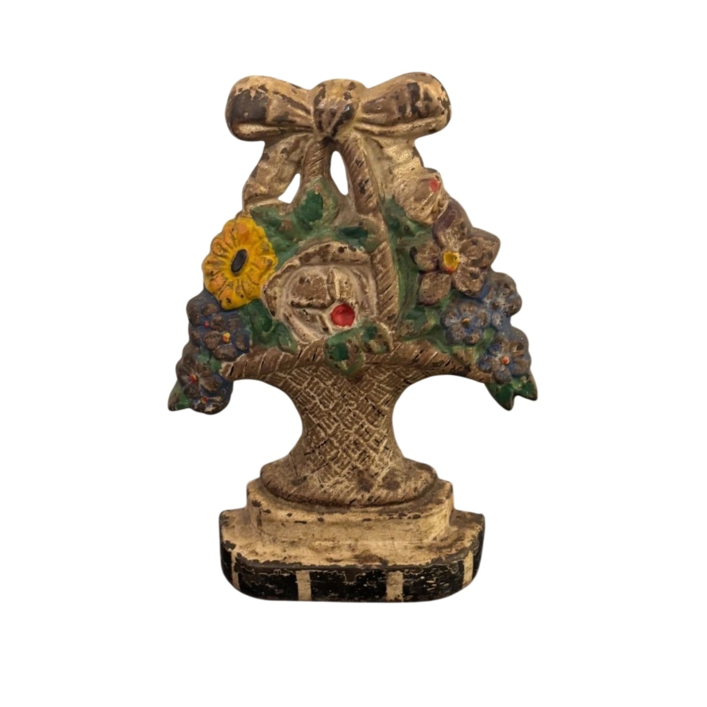 Vintage 1930s Cast Iron Flower Basket Doorstop Original Polychrome Paint