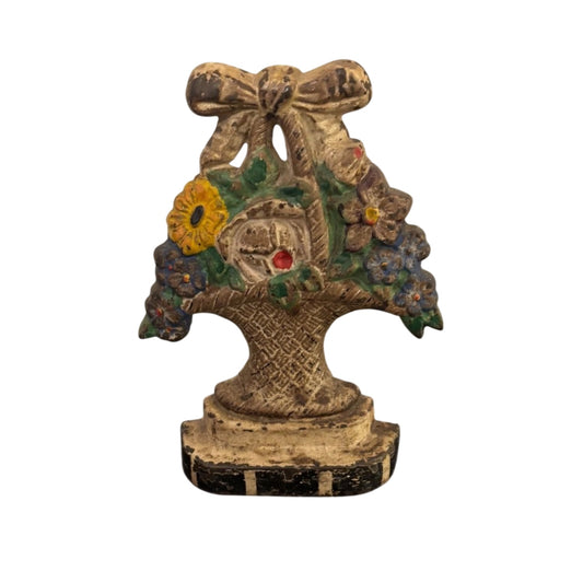 Vintage 1930s Cast Iron Flower Basket Doorstop Original Polychrome Paint