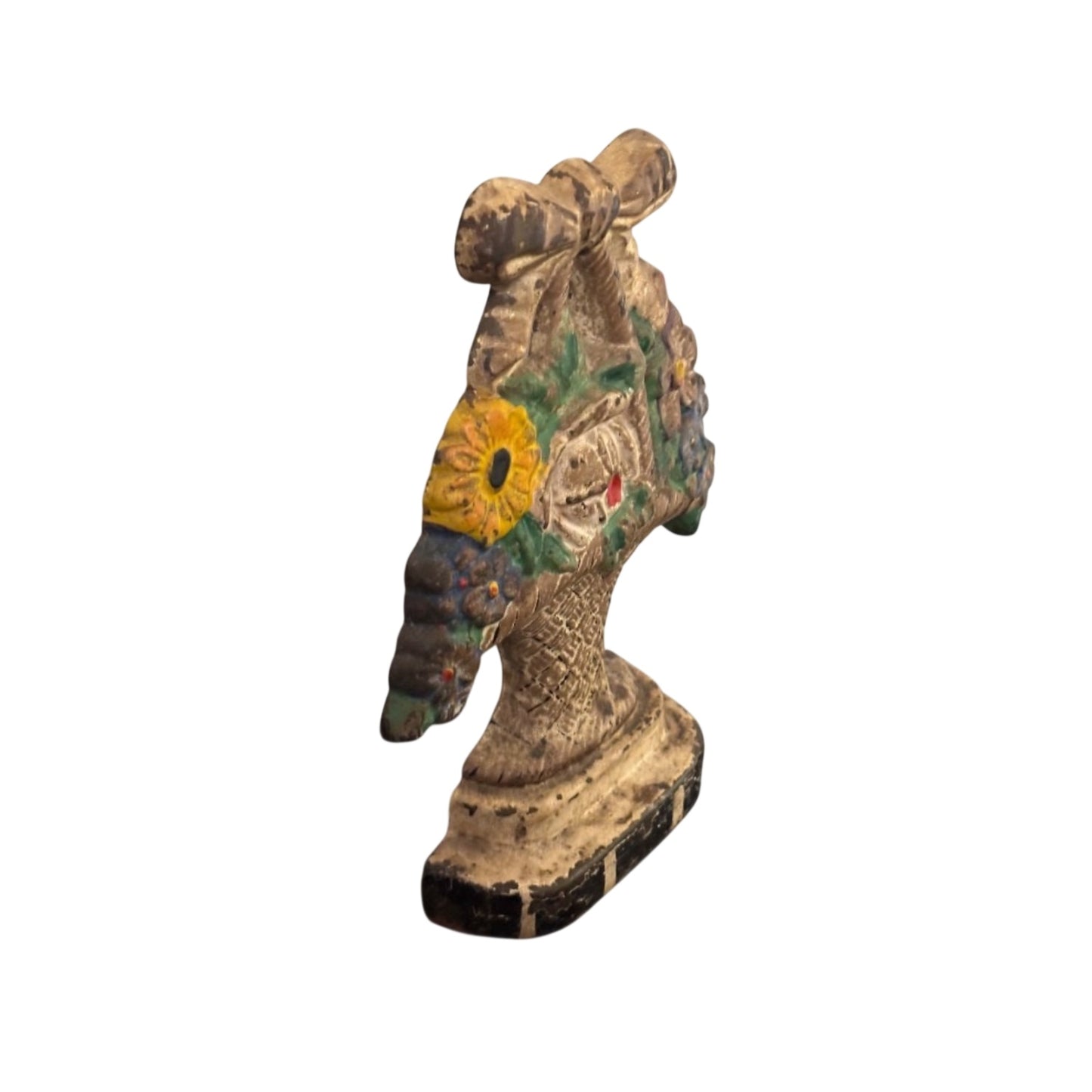 Vintage 1930s Cast Iron Flower Basket Doorstop Original Polychrome Paint