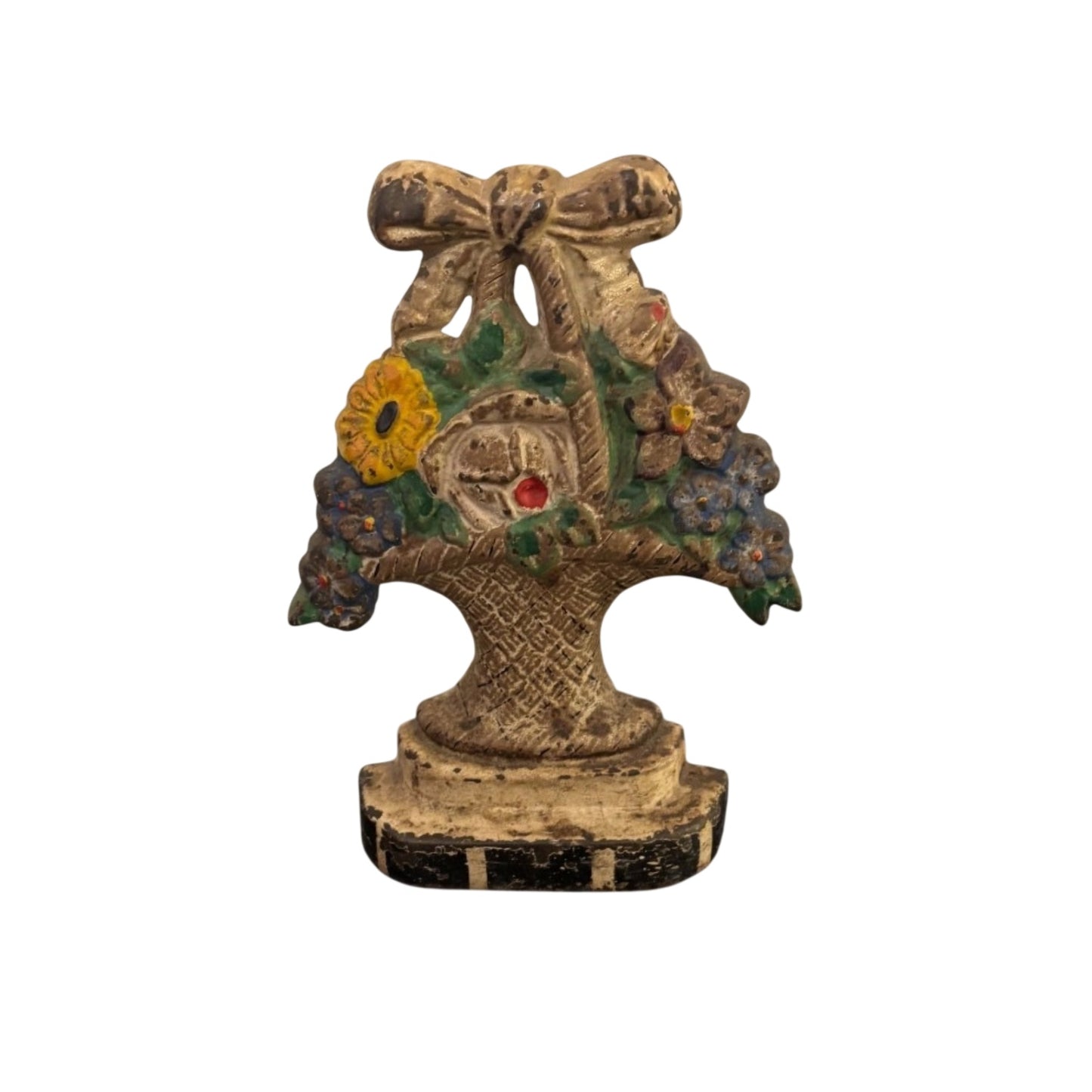 Vintage 1930s Cast Iron Flower Basket Doorstop Original Polychrome Paint