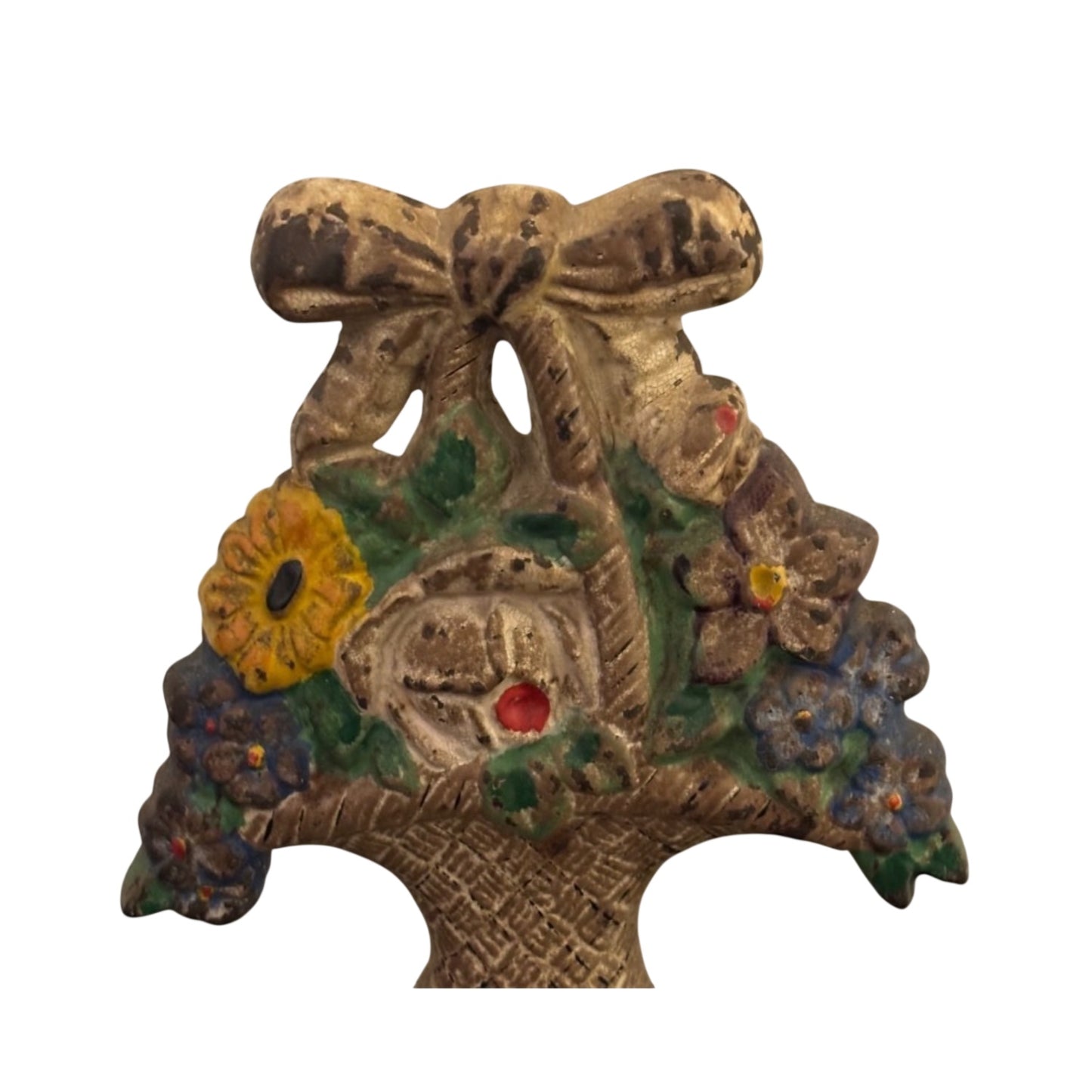 Vintage 1930s Cast Iron Flower Basket Doorstop Original Polychrome Paint