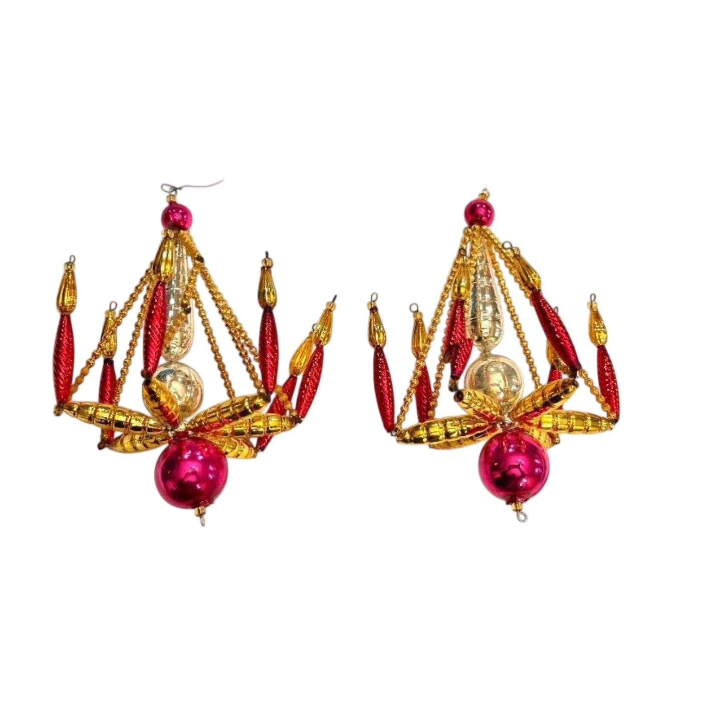 Pair Mid-Century Beaded Mercury Glass Chandelier Christmas Ornaments