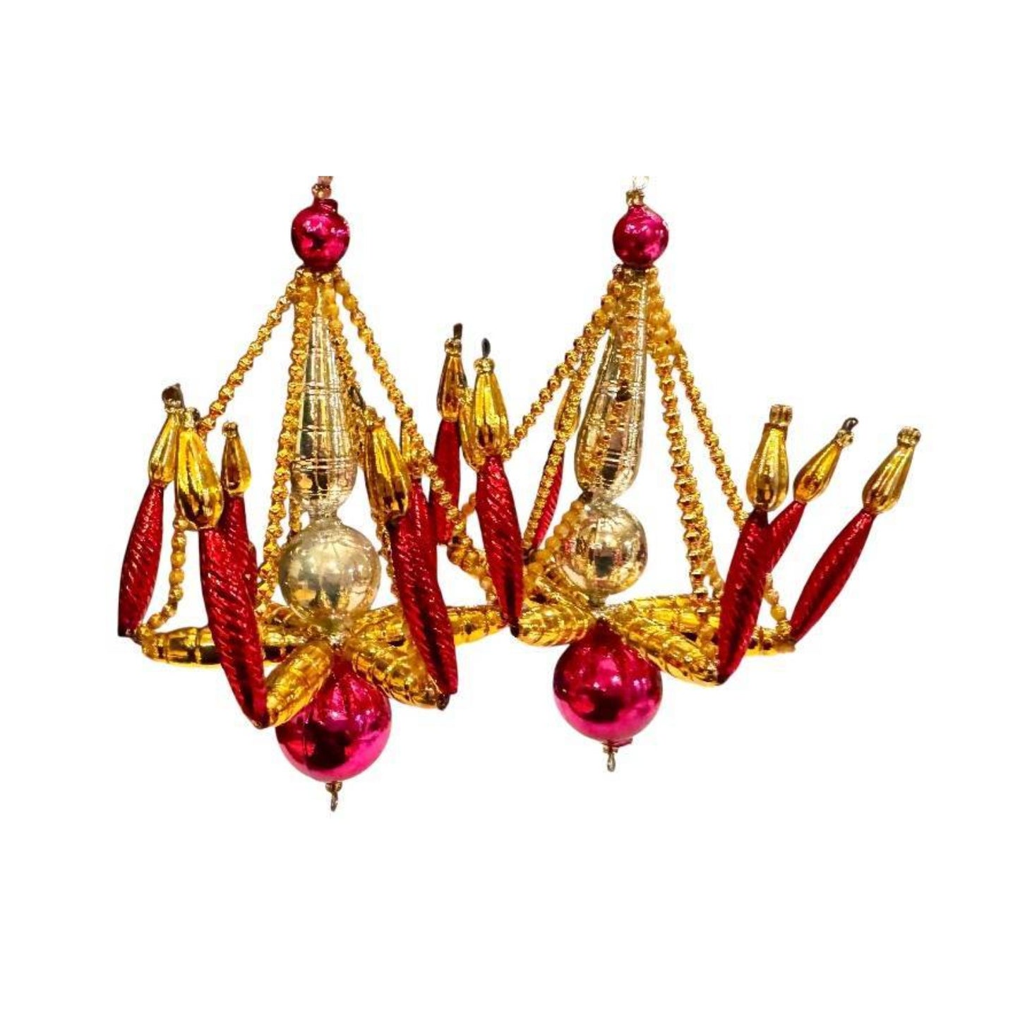 Pair Mid-Century Beaded Mercury Glass Chandelier Christmas Ornaments