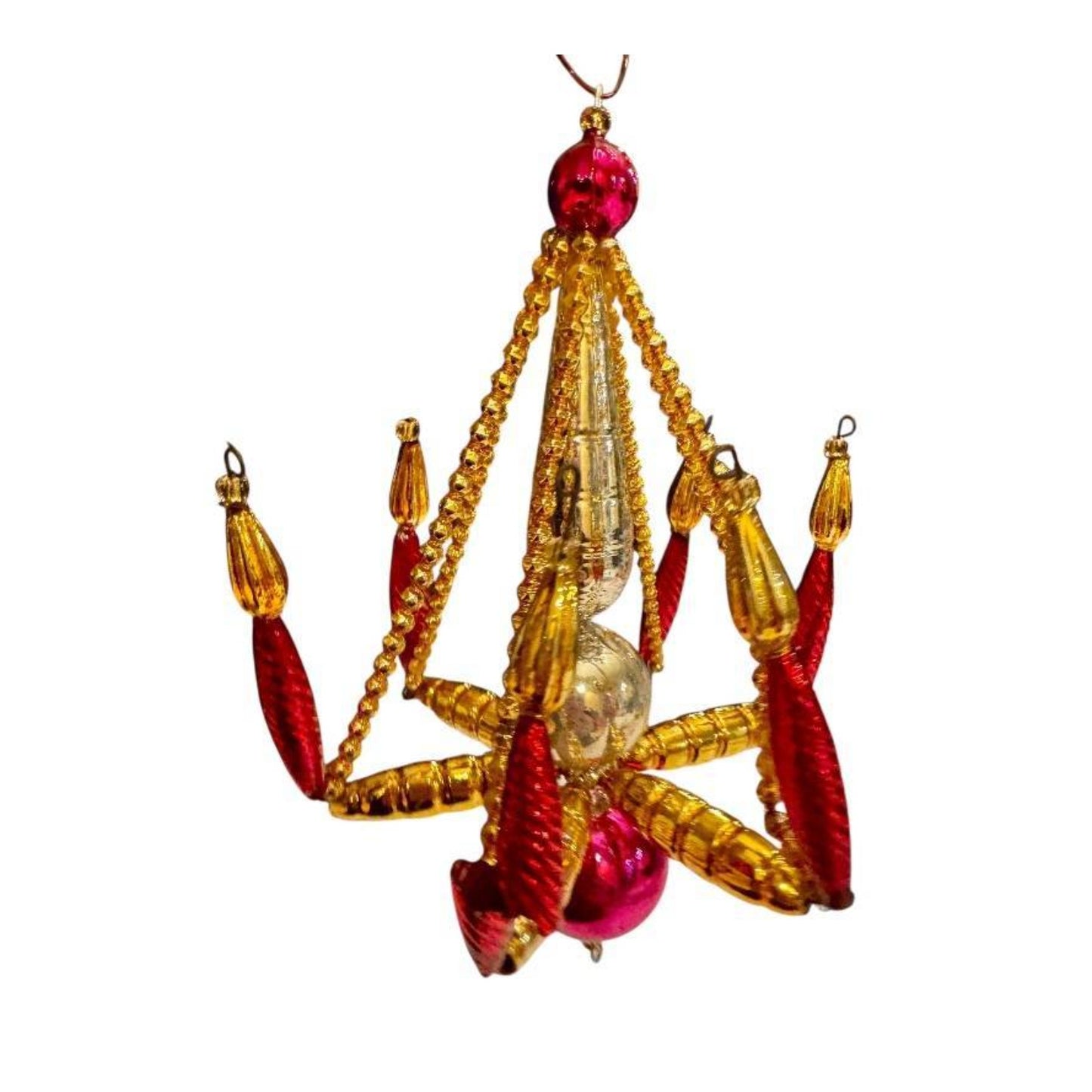 Pair Mid-Century Beaded Mercury Glass Chandelier Christmas Ornaments