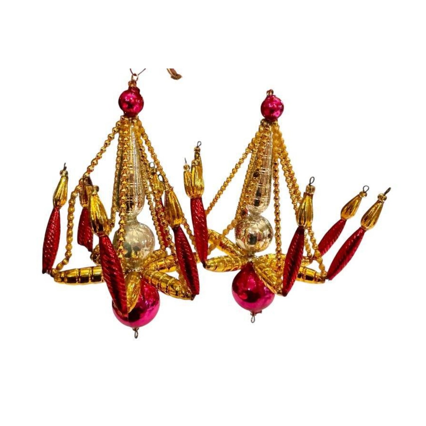 Pair Mid-Century Beaded Mercury Glass Chandelier Christmas Ornaments