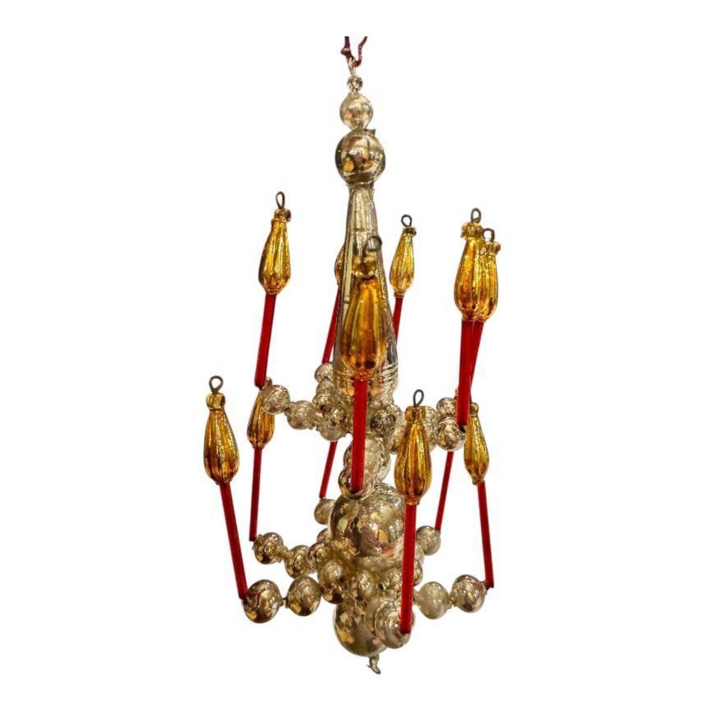 Pair Mid-Century Beaded Mercury Glass Chandelier Christmas Ornaments