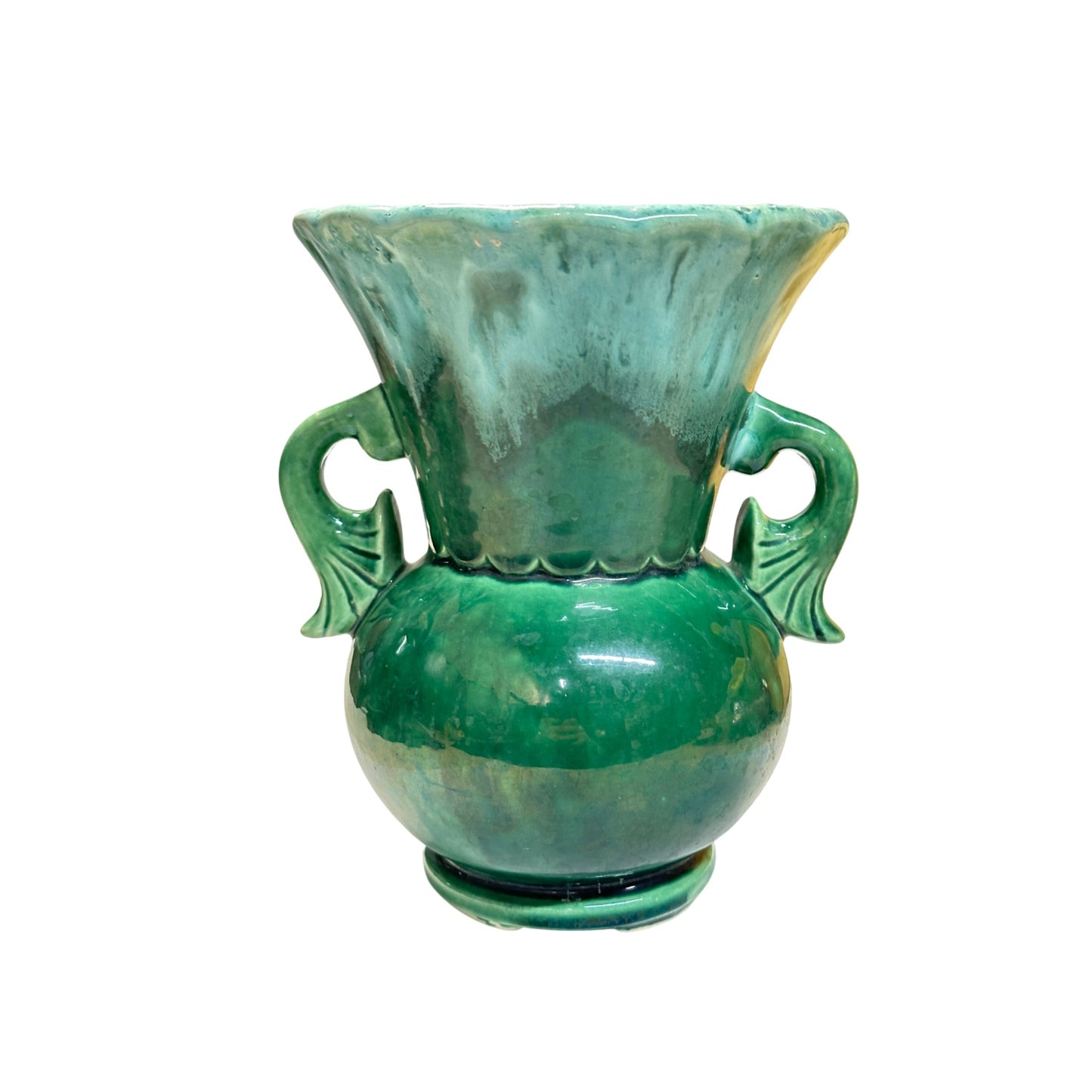 Vintage Camark Art Deco Dolphin Handle Vase in Emerald Green Drip Glaze